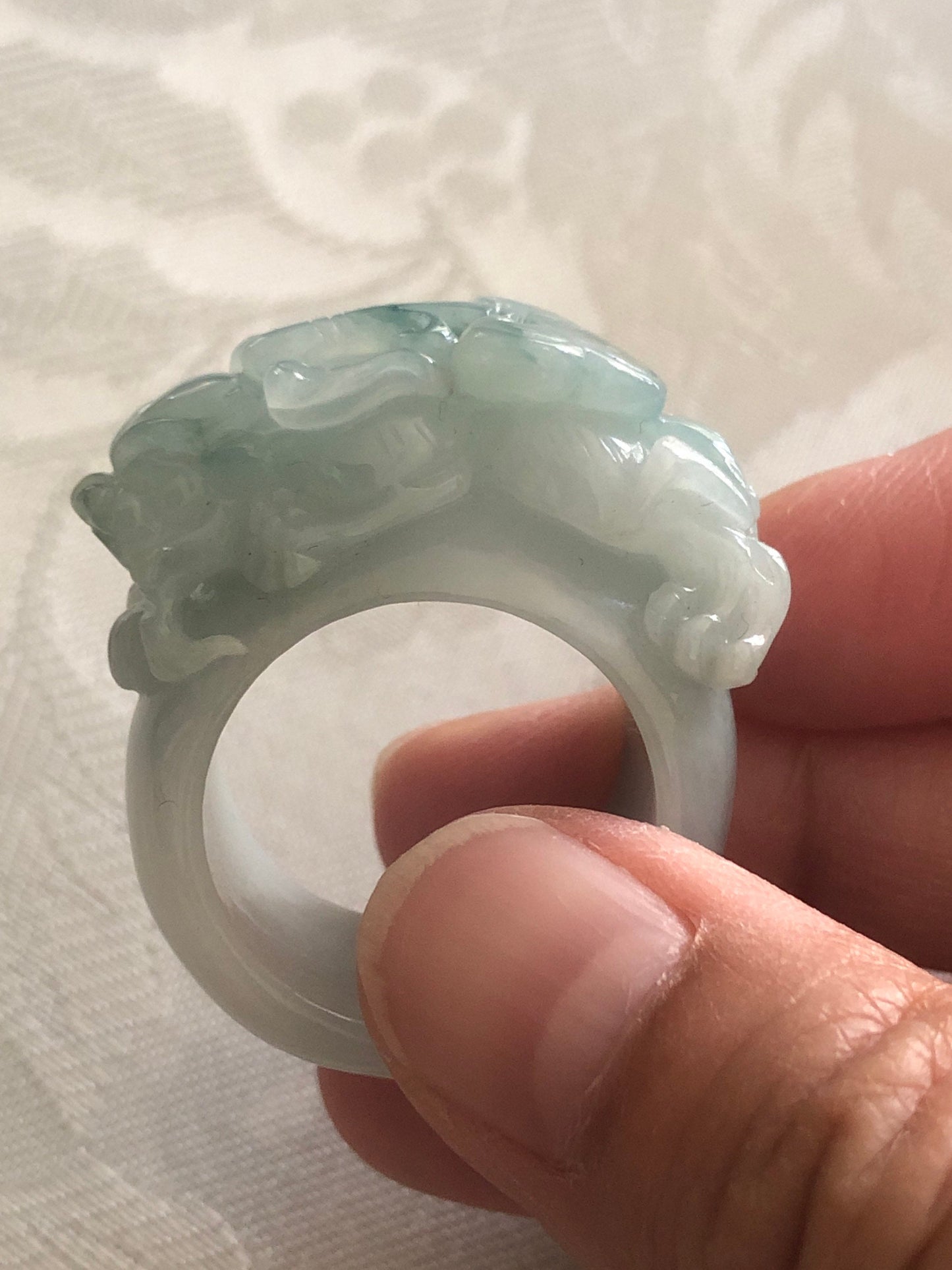Us size 9.5-10 Jadeite Jade Green Float Flowers Carved Pixiu Ring