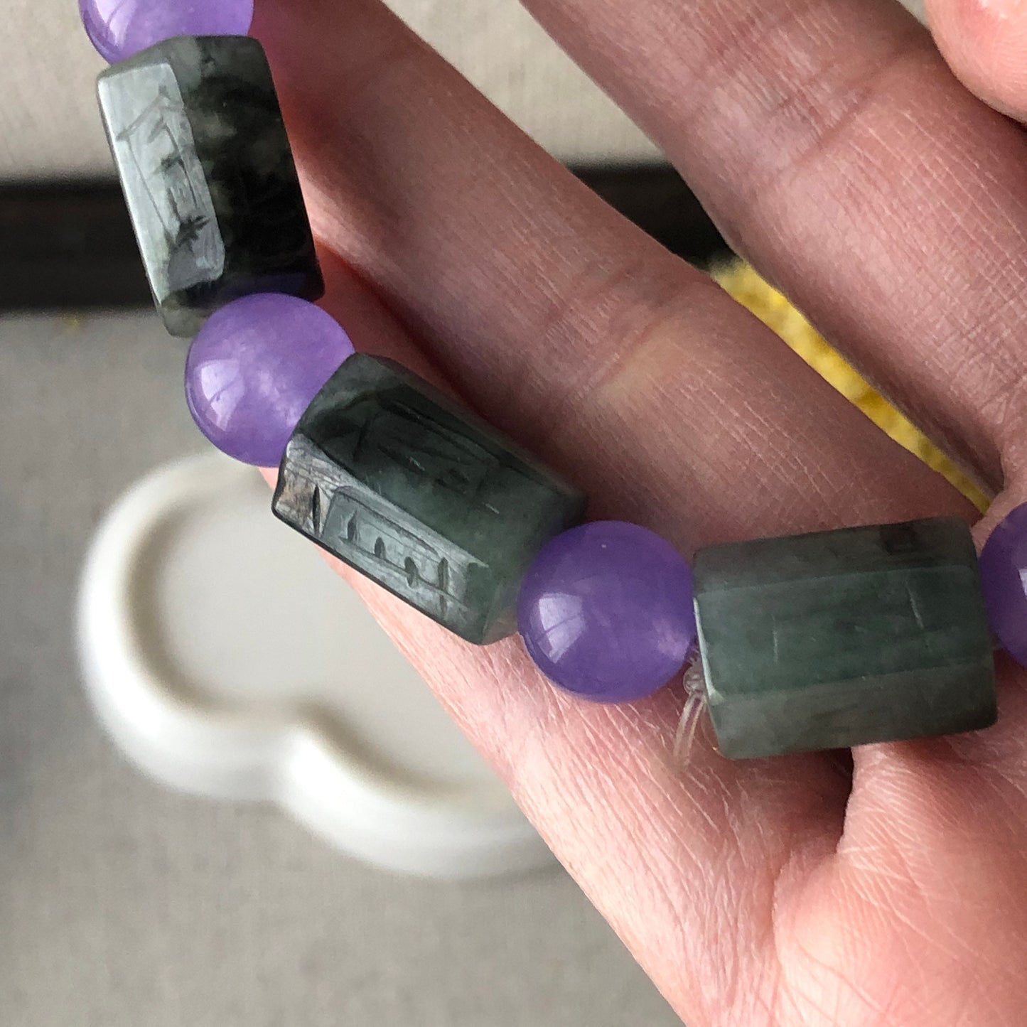 10x14.7mm Green Water Lake Jadeite Jade Six Word Carved Blessing Bead Bracelet