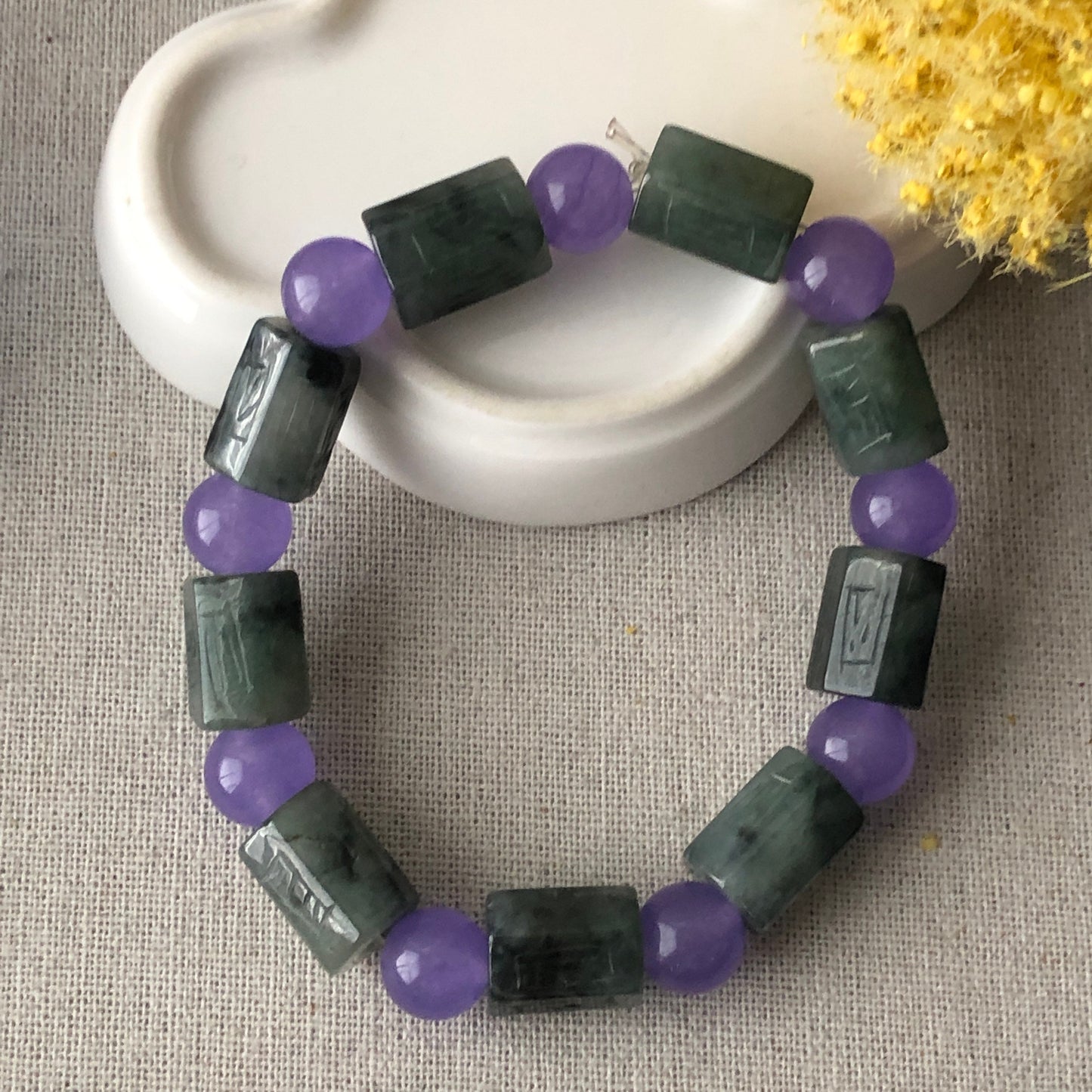 10x14.7mm Green Water Lake Jadeite Jade Six Word Carved Blessing Bead Bracelet