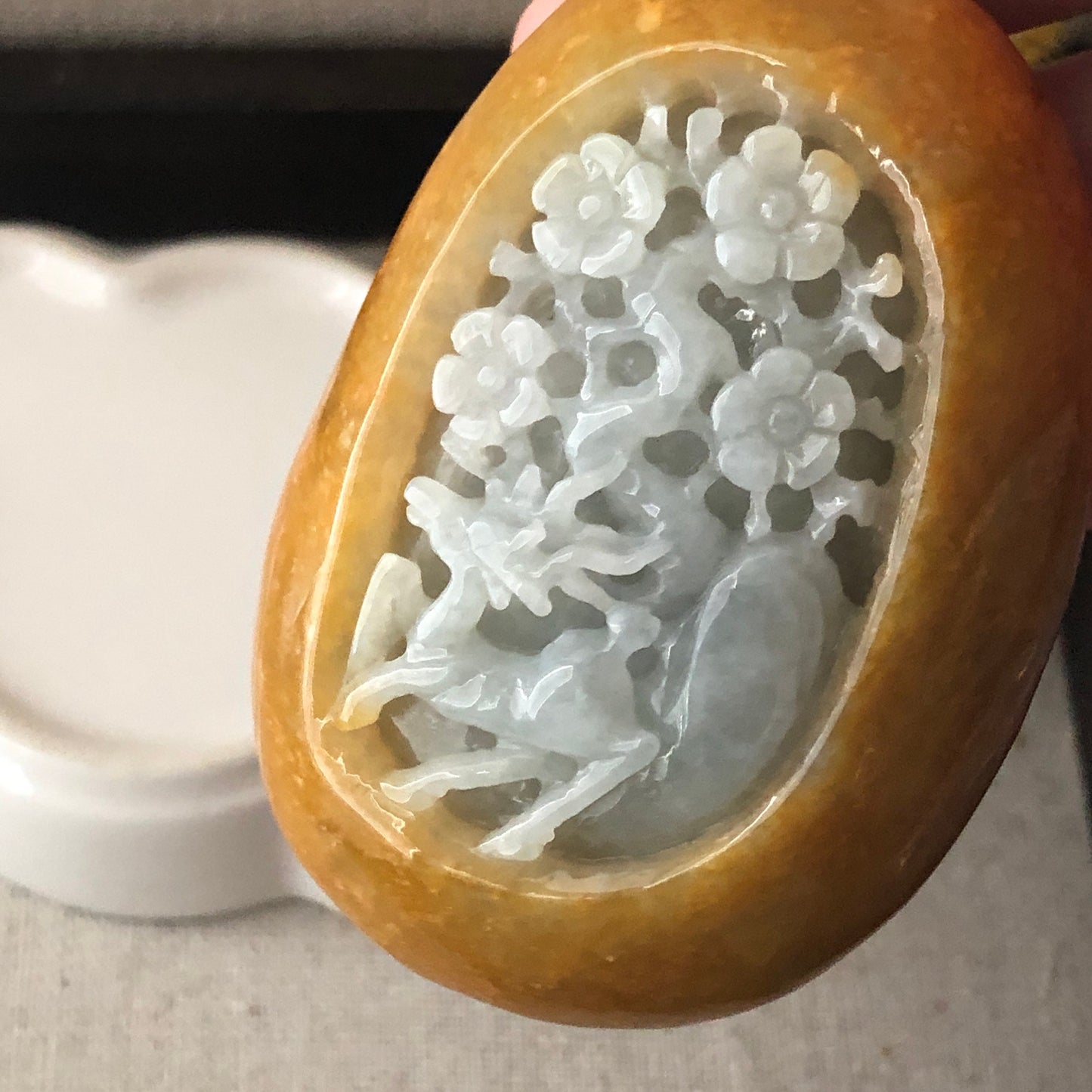 70mm Yellow Brown Jadeite Jade Carved Deer and Flower Display