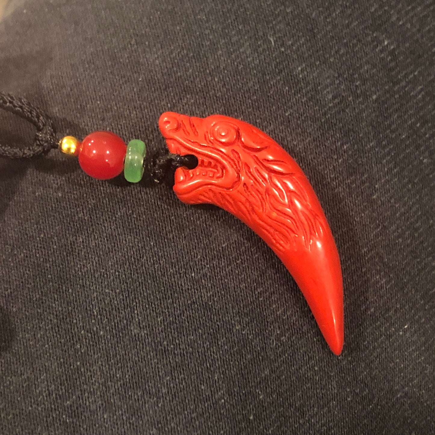 40 mm Cinnabar Carved Dragon Tooth Pendant NOT JADE
