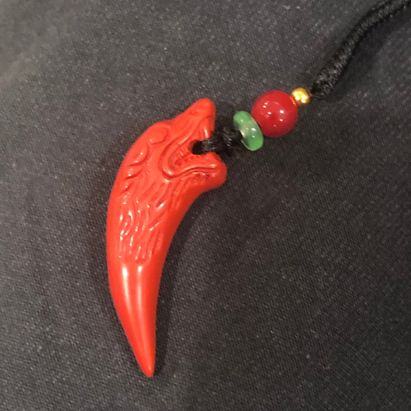 40 mm Cinnabar Carved Dragon Tooth Pendant NOT JADE