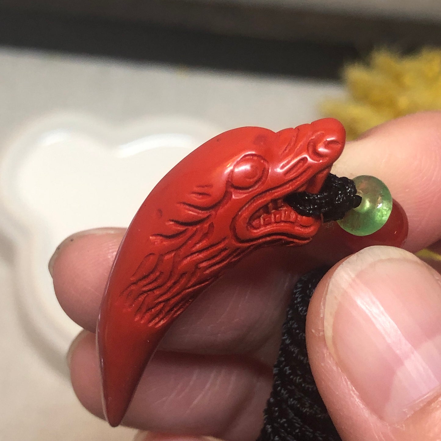 40 mm Cinnabar Carved Dragon Tooth Pendant NOT JADE