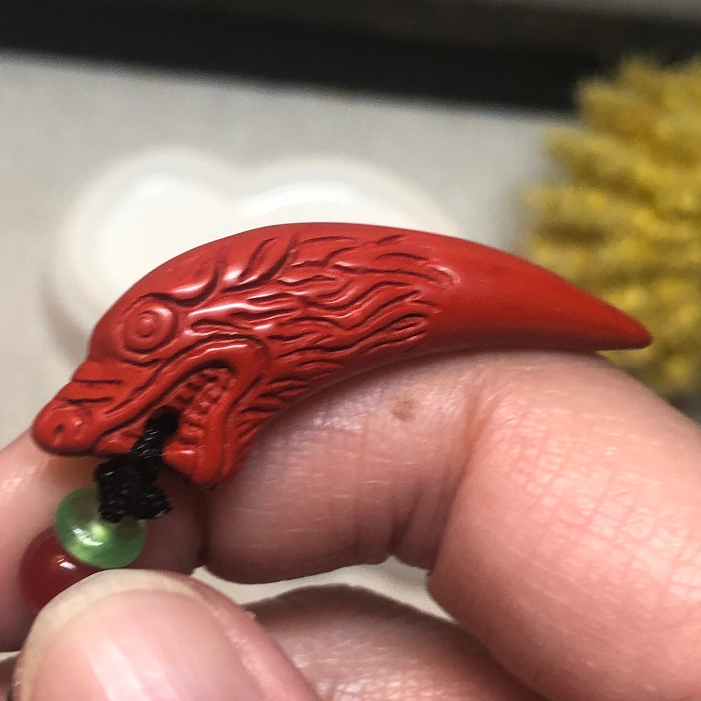 40 mm Cinnabar Carved Dragon Tooth Pendant NOT JADE