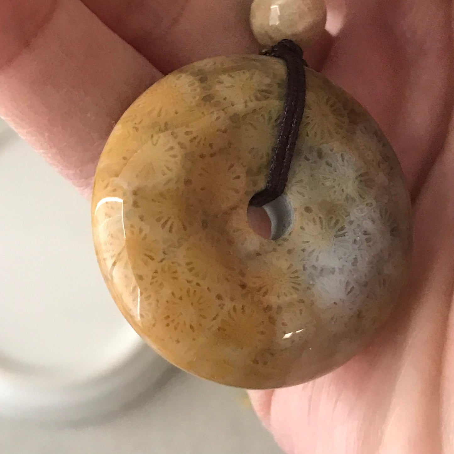 32.6 mm Yellow Brown Fossil Coral Pendant with Neck Rope Tie FC605