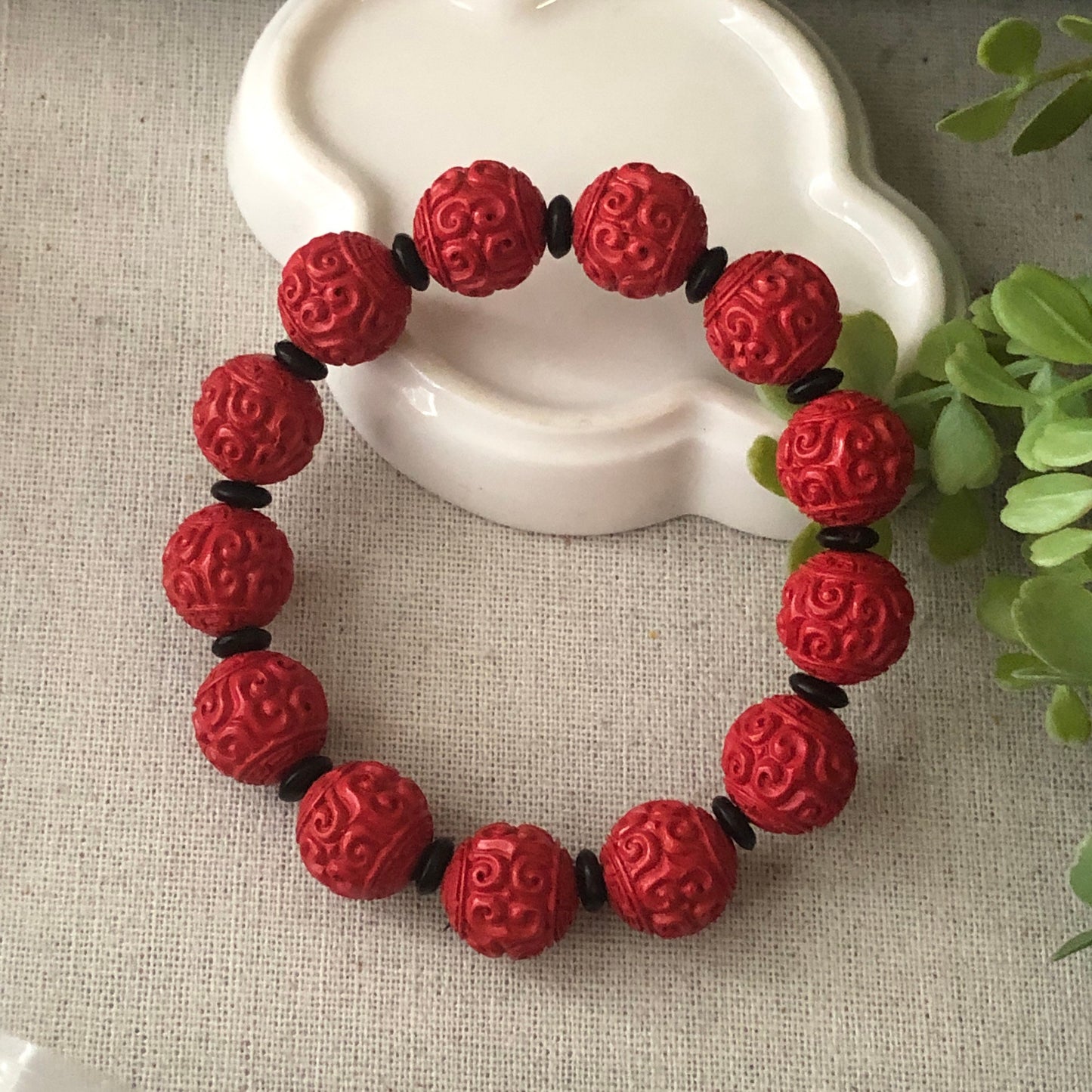 13.3 mm Red Carved Ruyi Clouds Cinnabar Bead Bracelet