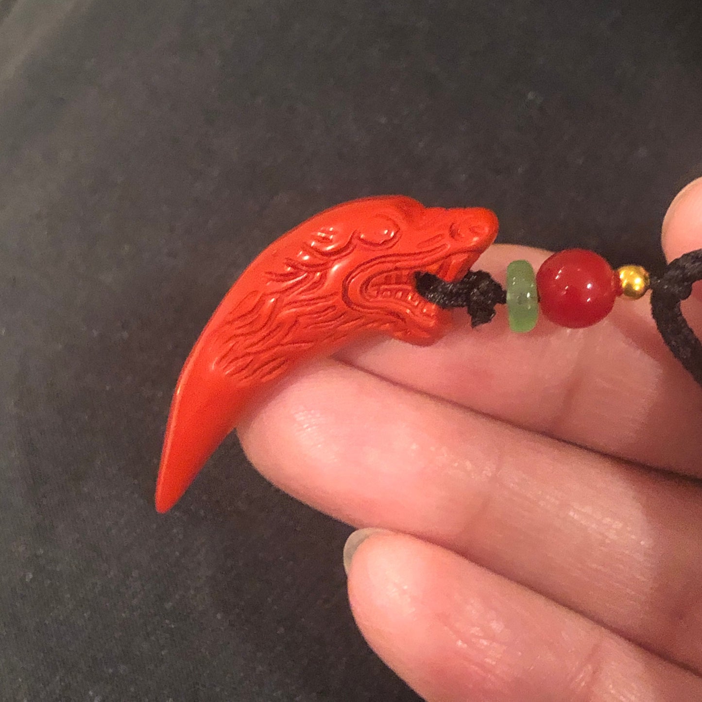 40 mm Cinnabar Carved Dragon Tooth Pendant NOT JADE