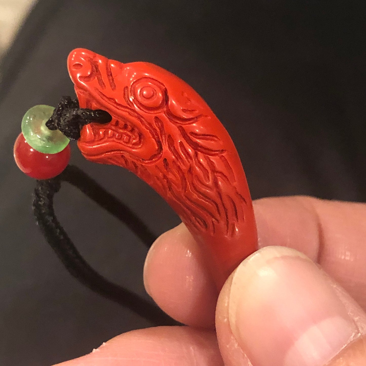 40 mm Cinnabar Carved Dragon Tooth Pendant NOT JADE
