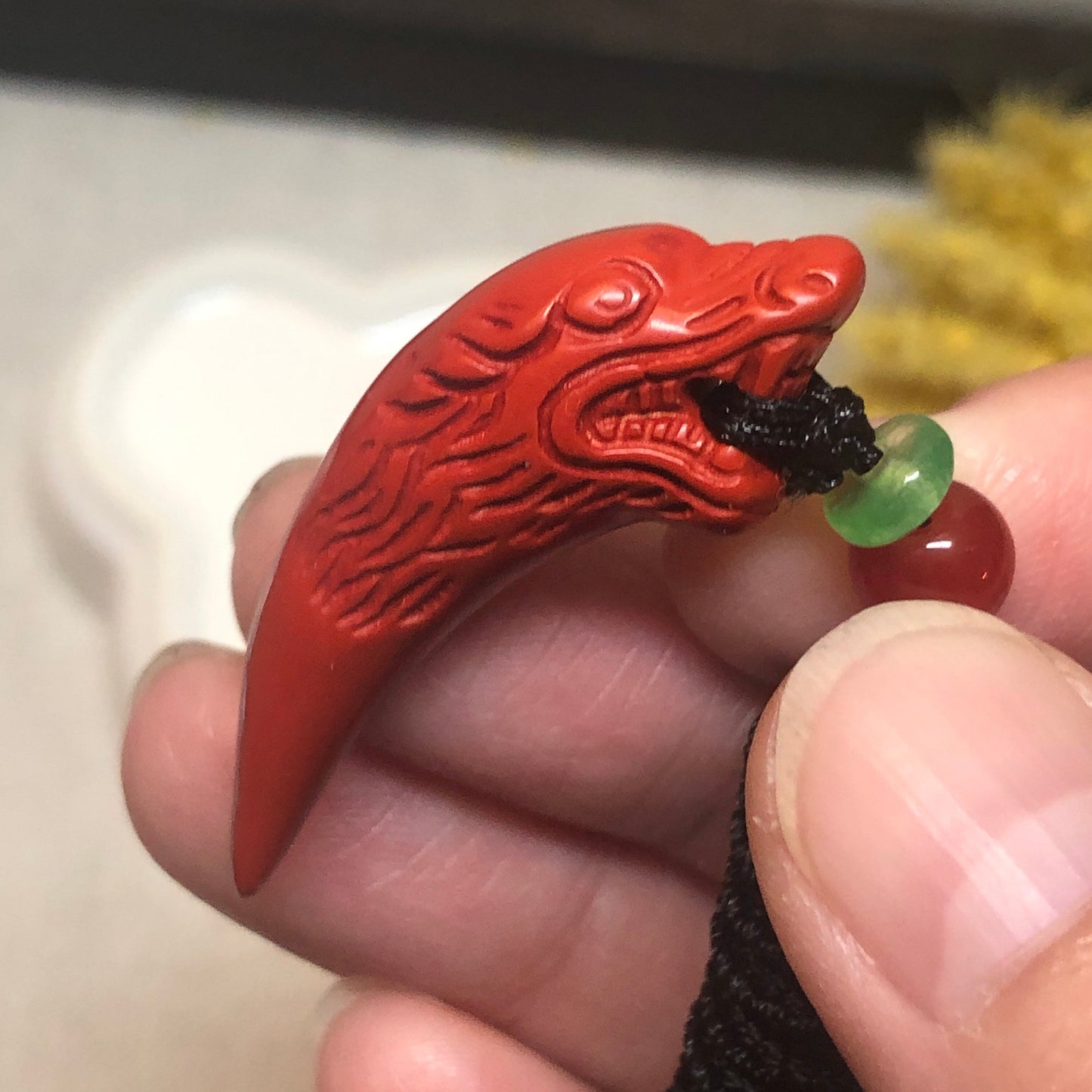 40 mm Cinnabar Carved Dragon Tooth Pendant NOT JADE
