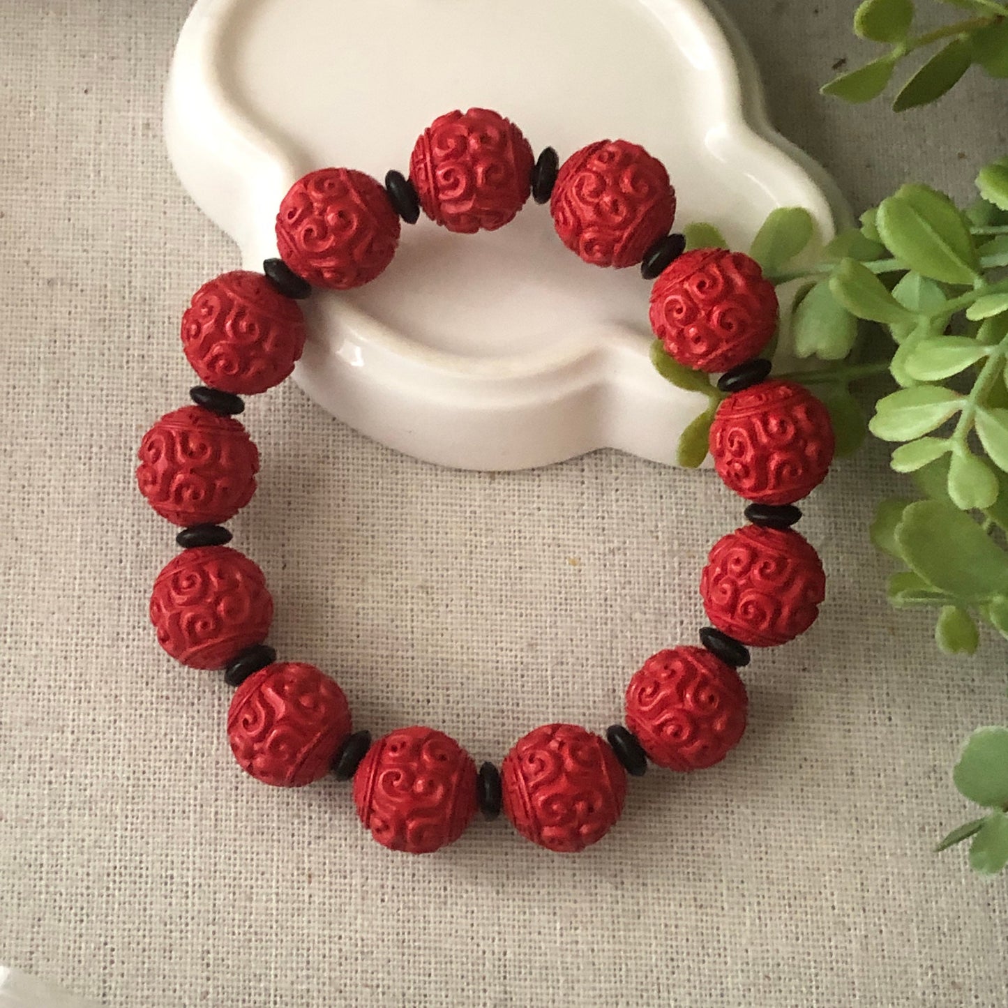 13.3 mm Red Carved Ruyi Clouds Cinnabar Bead Bracelet