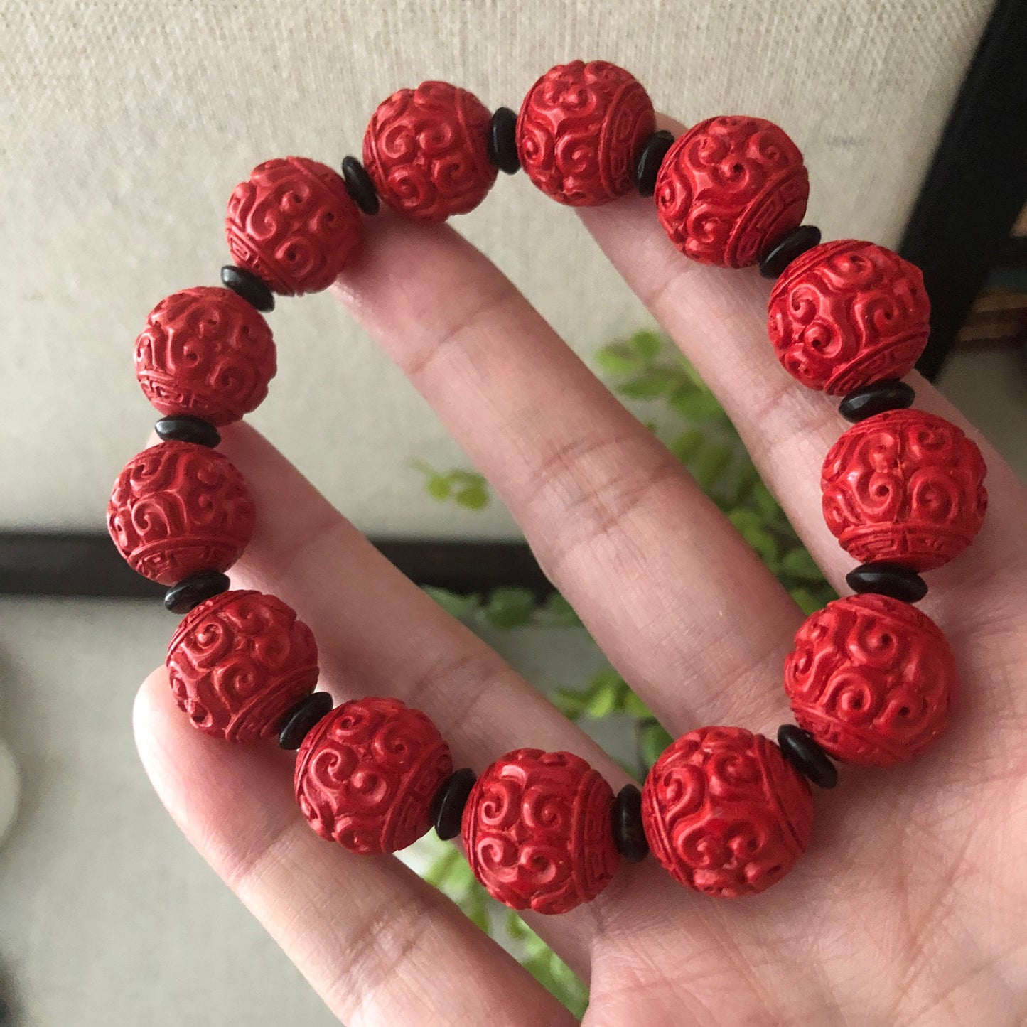 13.3 mm Red Carved Ruyi Clouds Cinnabar Bead Bracelet