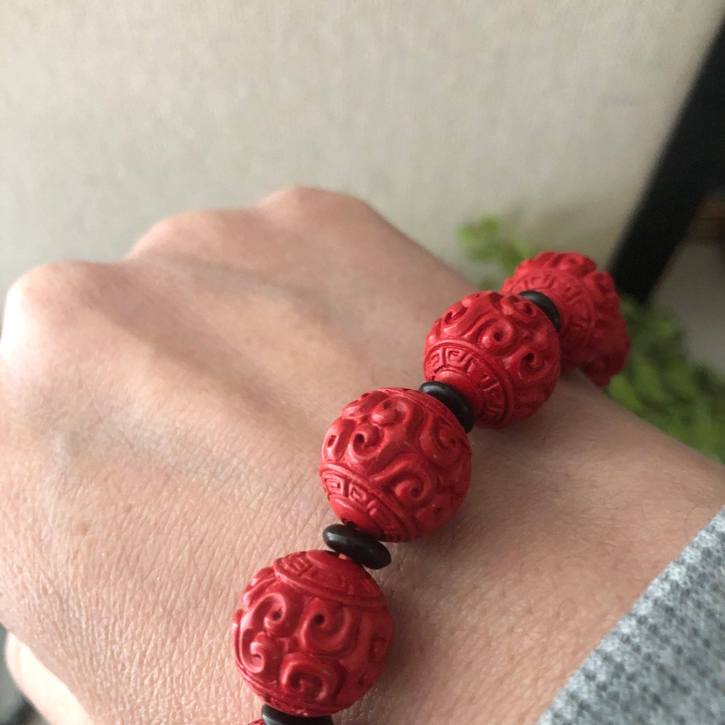 13.3 mm Red Carved Ruyi Clouds Cinnabar Bead Bracelet