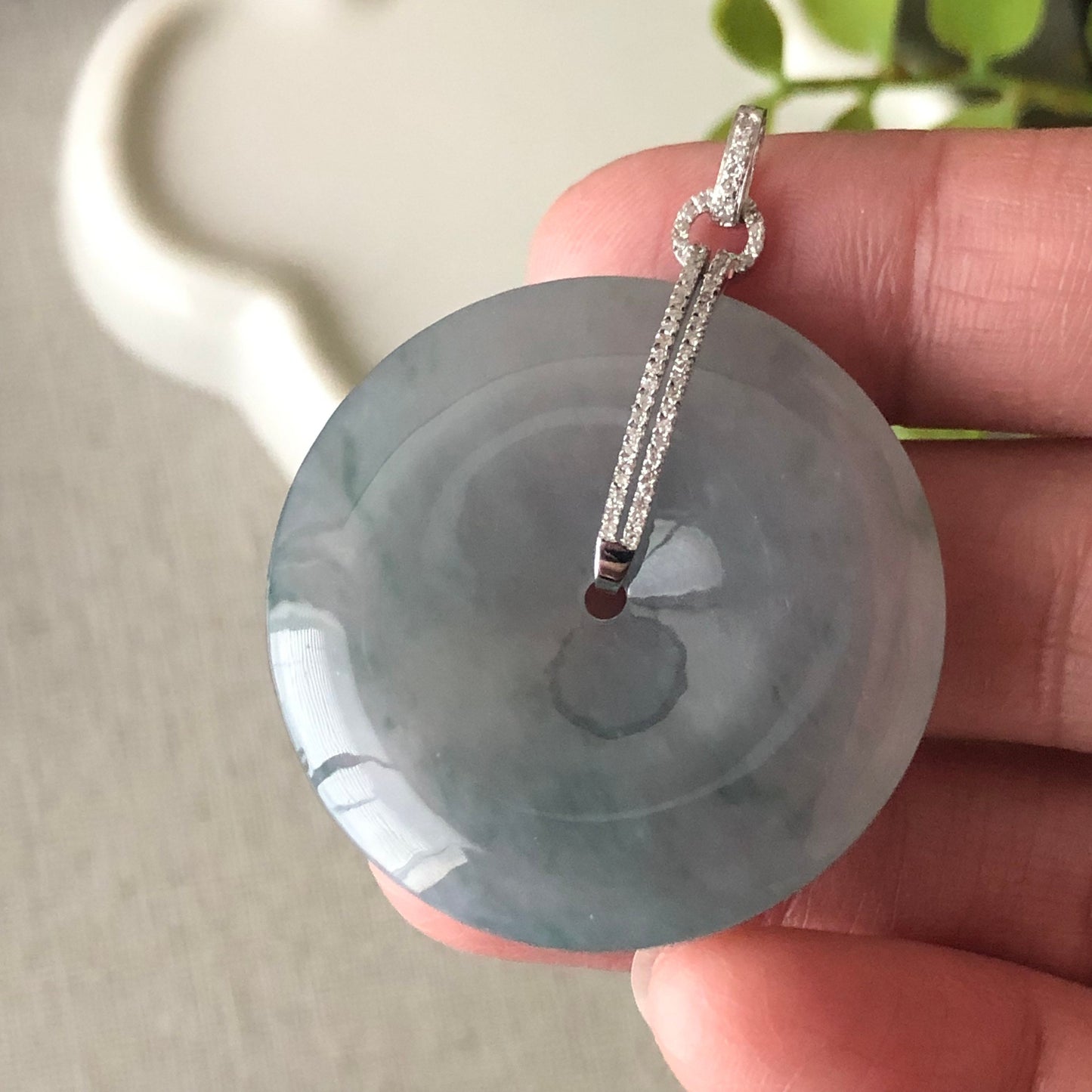 31.8 mm Icy Blue Green Floating Flowers Jadeite Jade Peace Donut Pendant