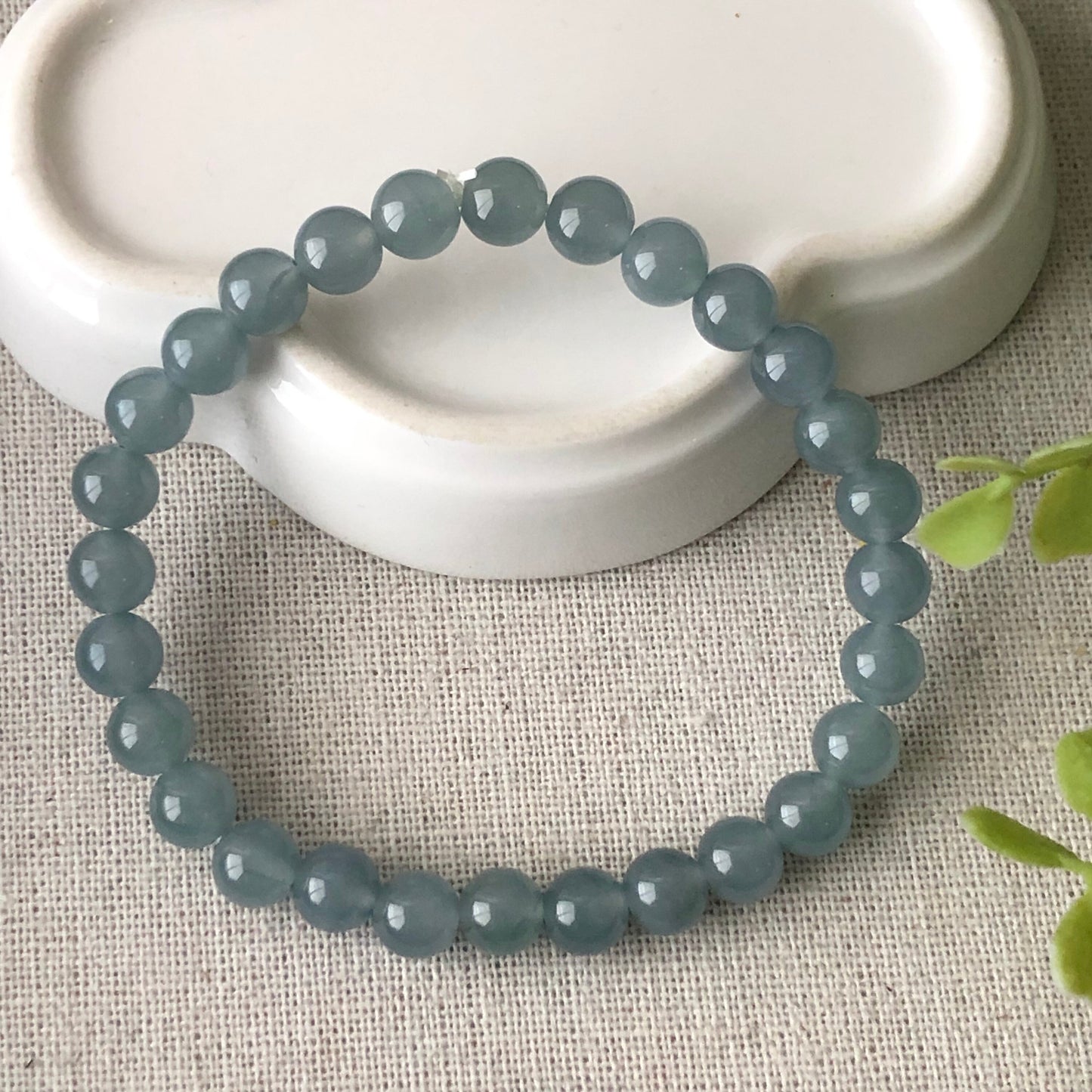 6.8 mm Jadeite Jade Icy Blue Green Glossy Bead Bracelet