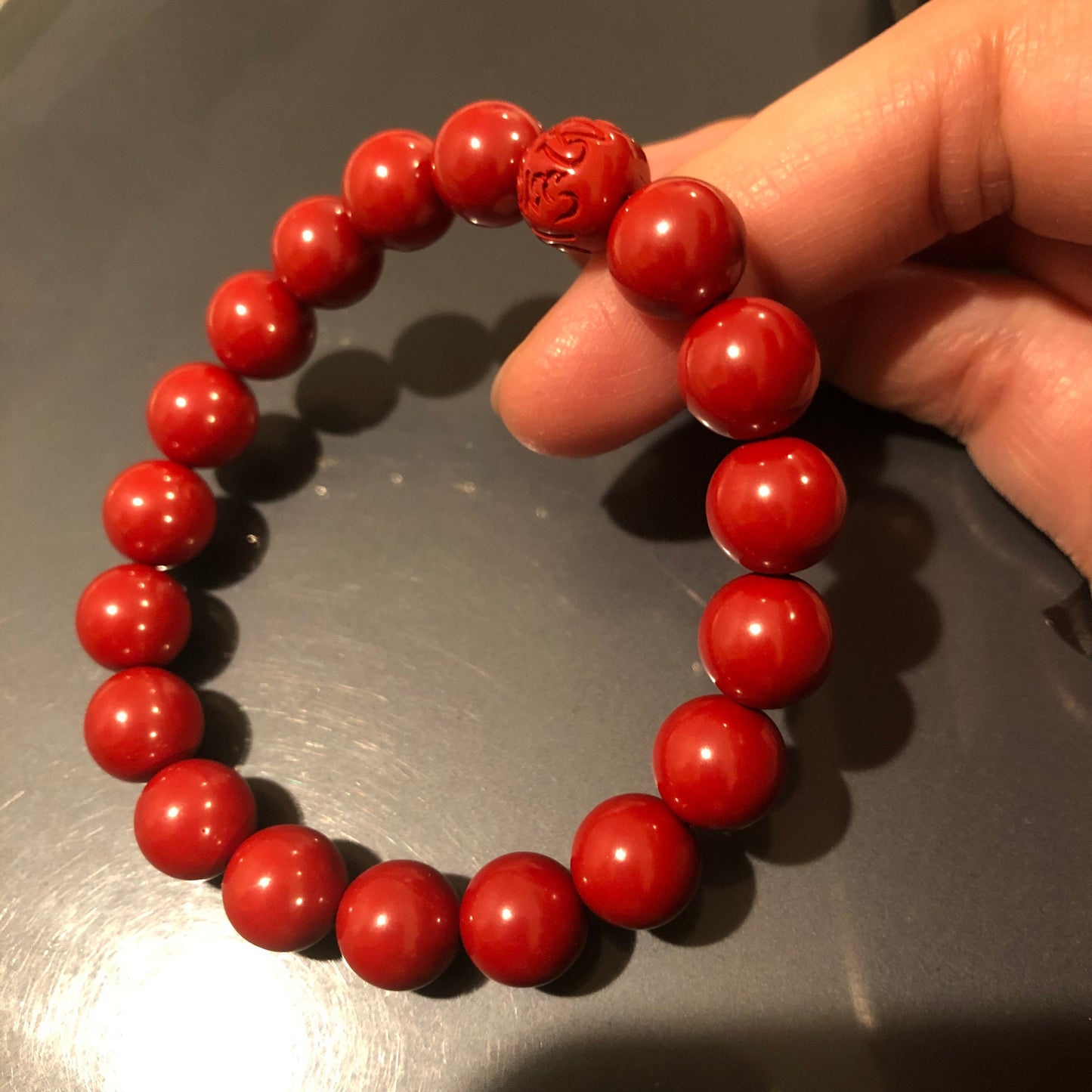 10 mm Cinnabar Round Shape Bead Bracelet with Six Word Blessing Bead