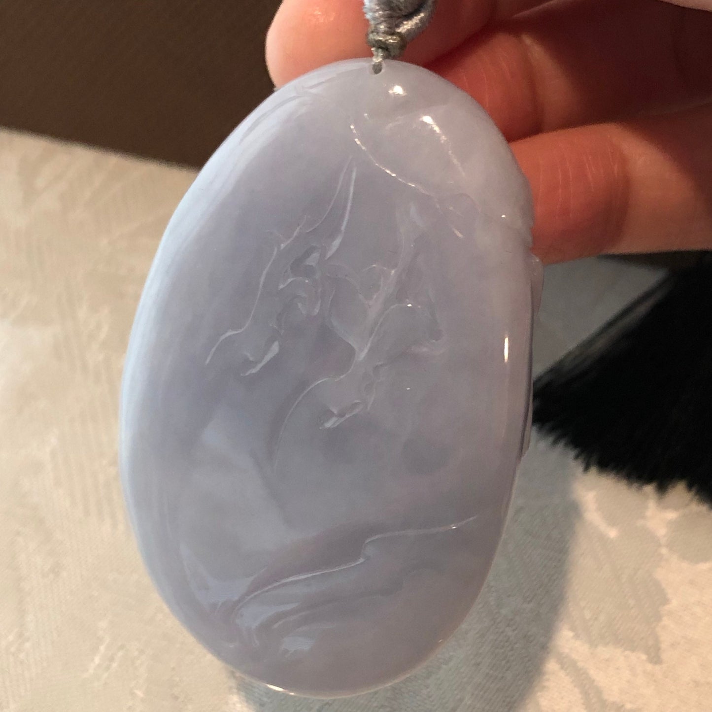 59mm Jadeite Jade Lavender Blue Glutinous Carved Floral Scenery Pendant