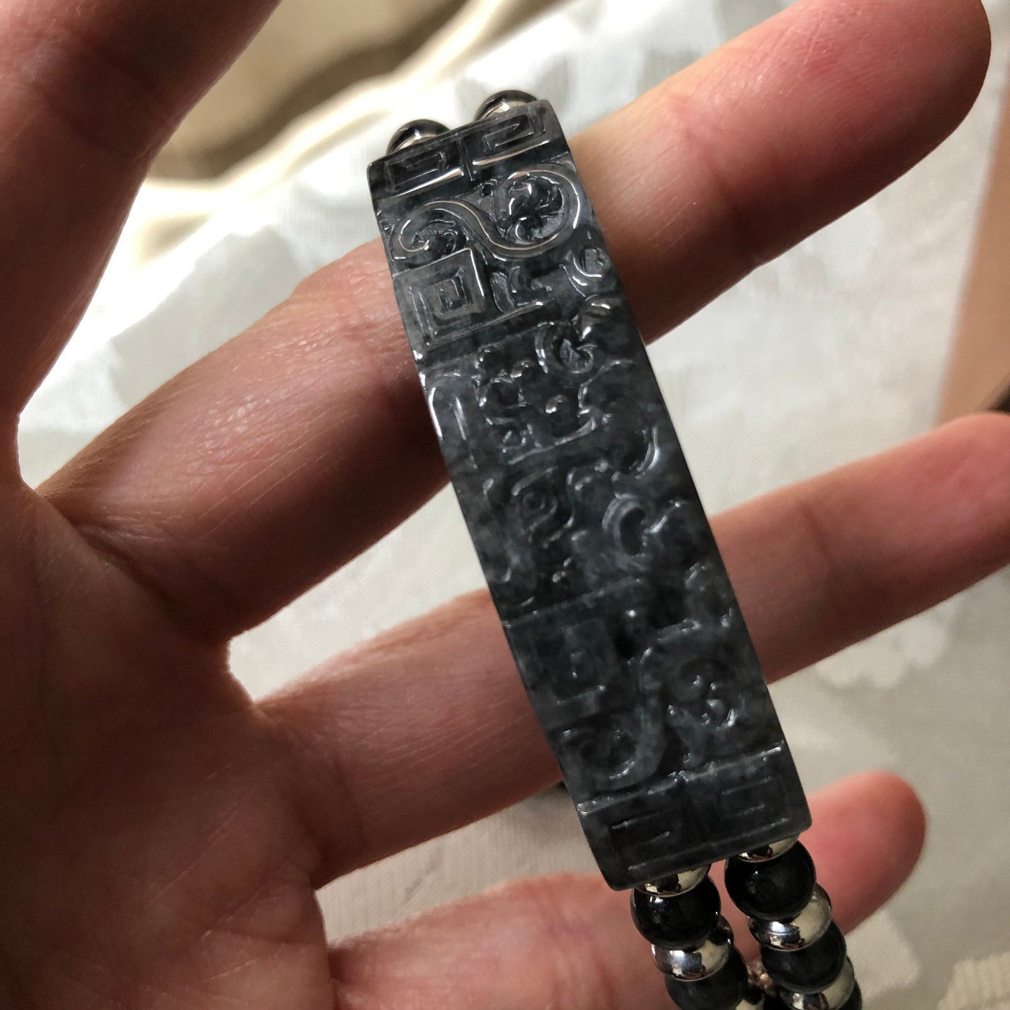 51 mm Wuji Jadeite Jade Carved Pixiu Head Carved Asian Bracelet