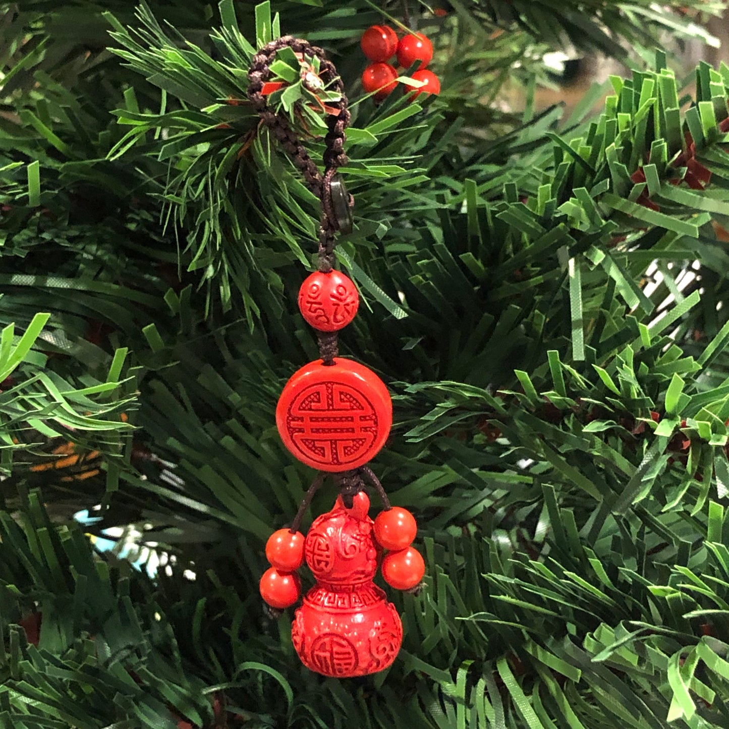 27 mm Cinnabar Carved Hulu Gourd Carved Asian Character Key Charm