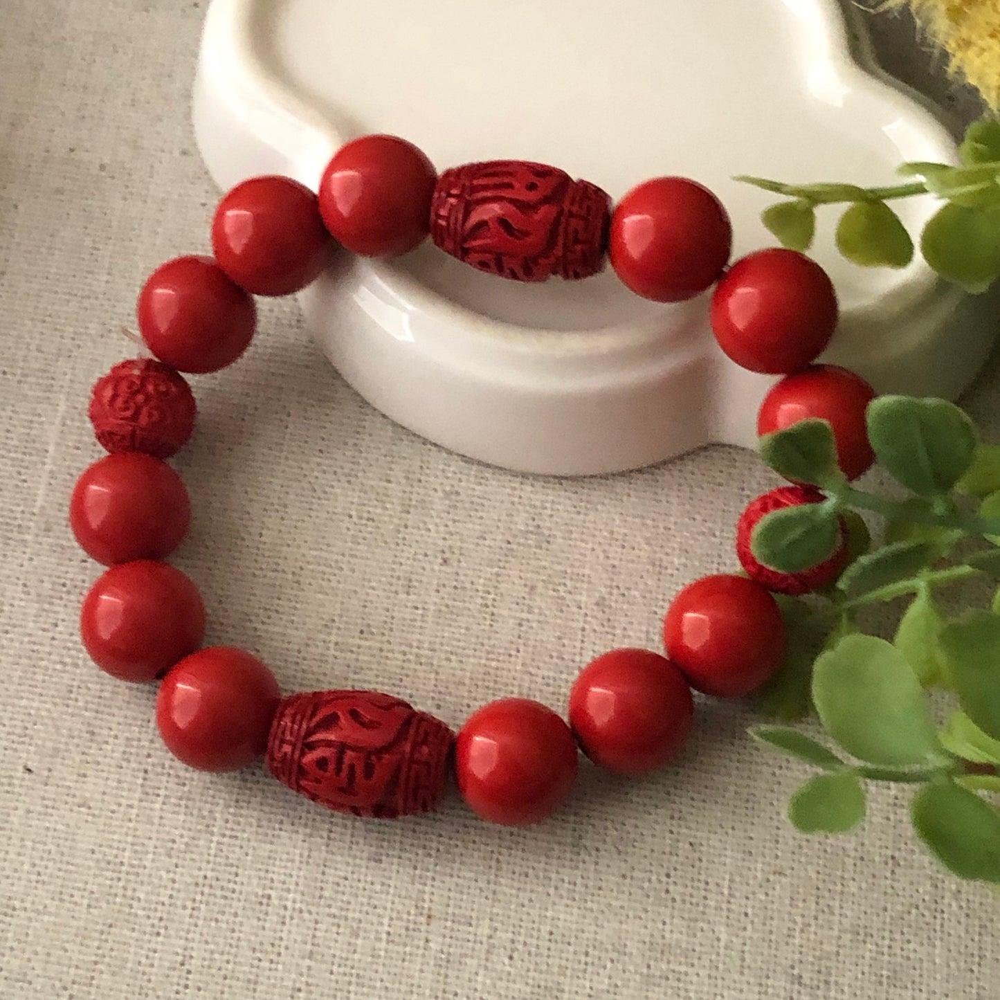 12 mm Cinnabar Round Shape Bead Bracelet with Carved Pattern
