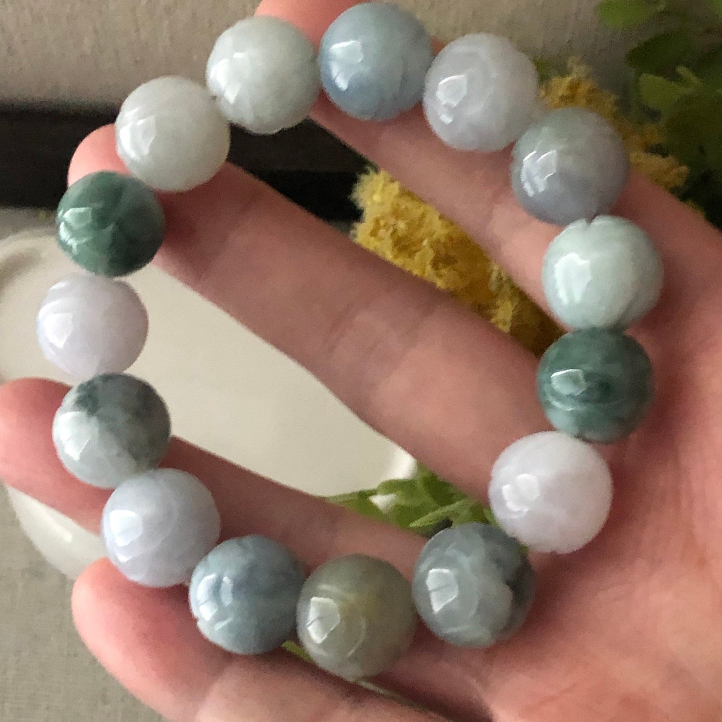 13 Jadeite Jade Earthy Tint Carved Green Blue Bead Bracelet