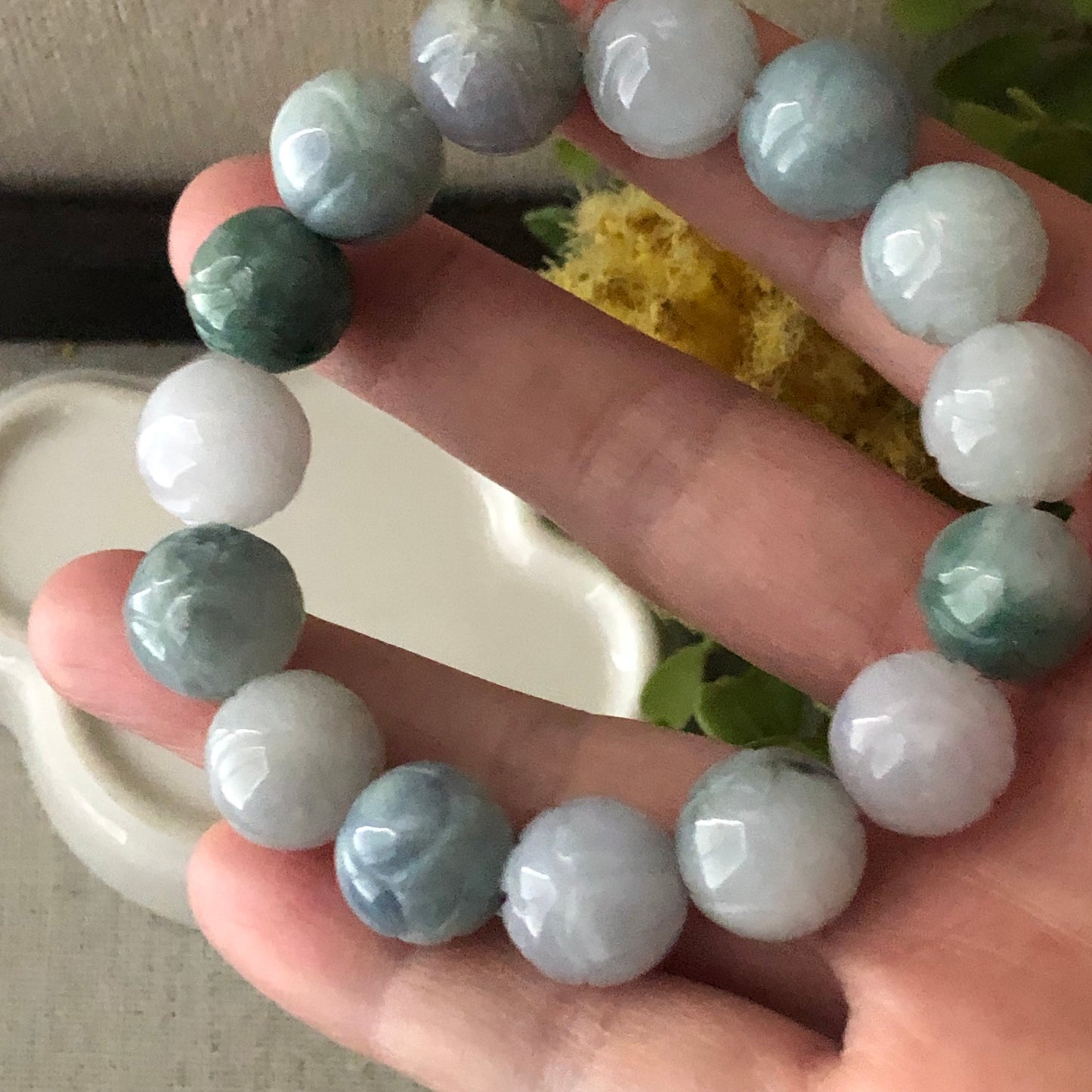 13 Jadeite Jade Earthy Tint Carved Green Blue Bead Bracelet