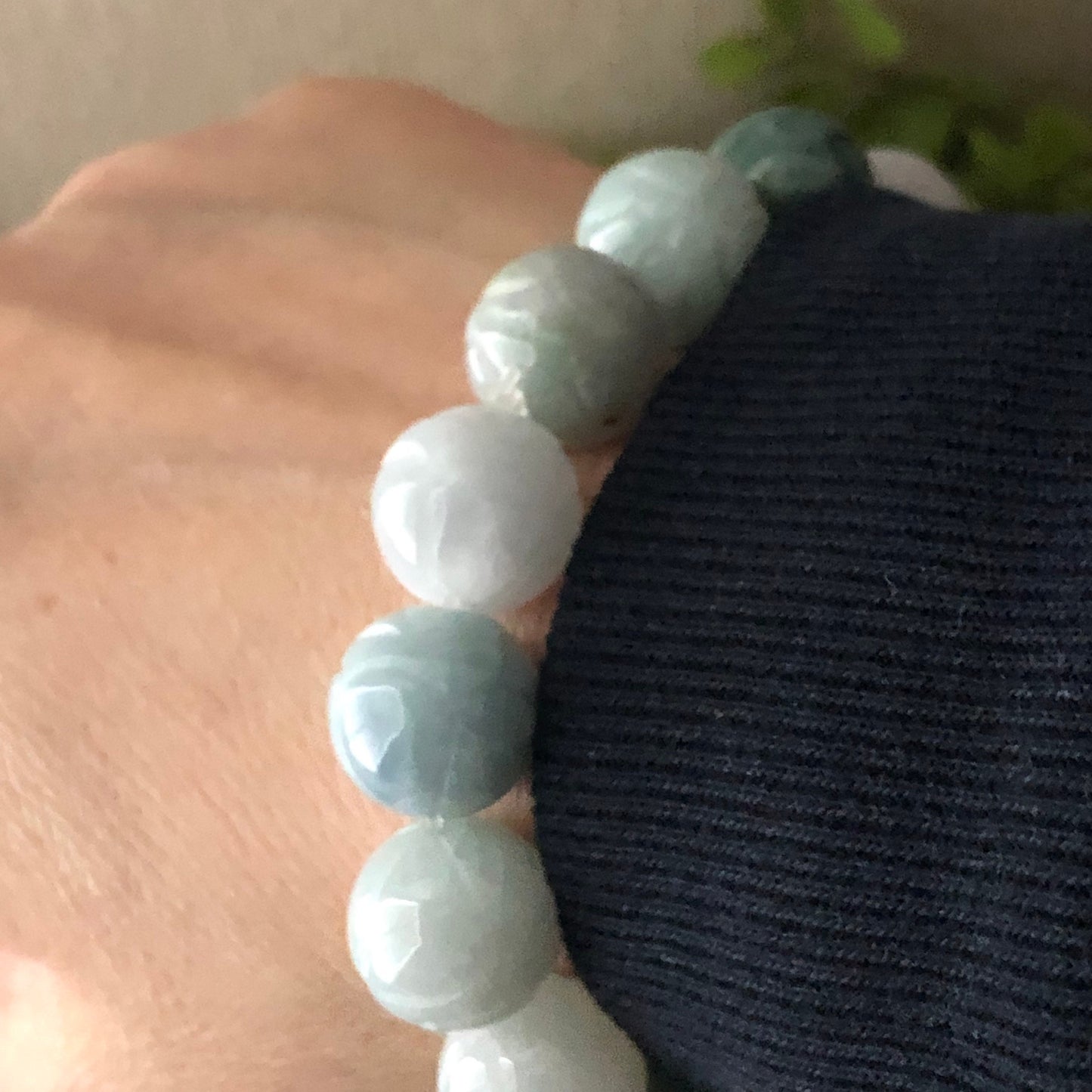 13 Jadeite Jade Earthy Tint Carved Green Blue Bead Bracelet