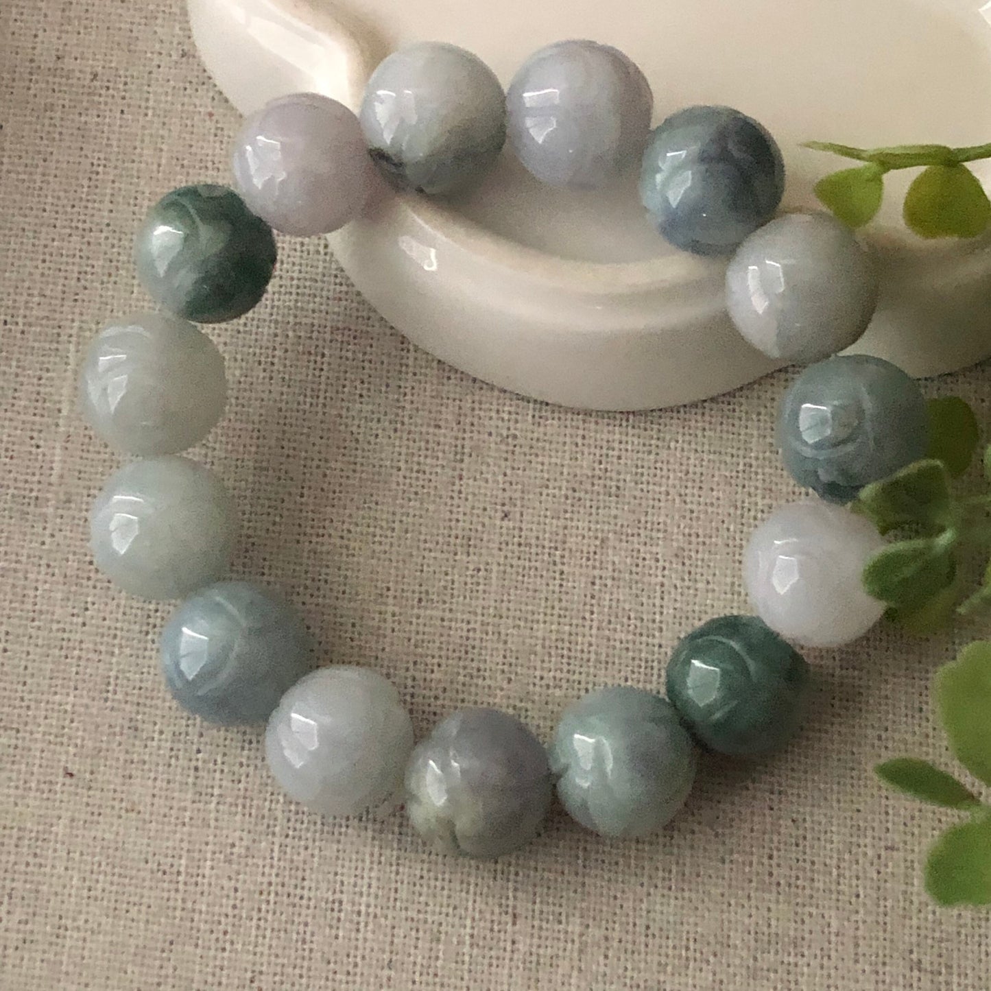 13 Jadeite Jade Earthy Tint Carved Green Blue Bead Bracelet