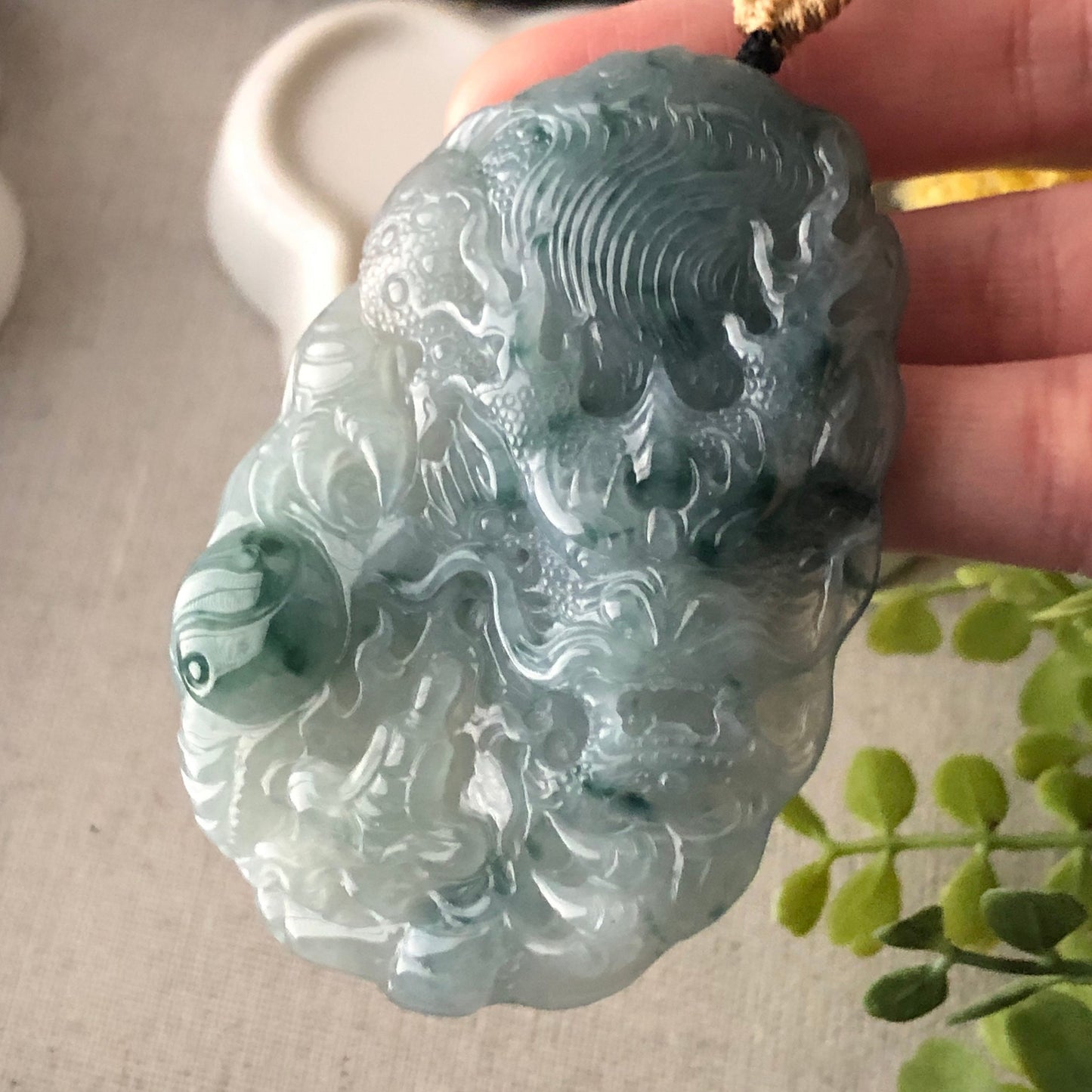 67mm Grade A Jade Jadeite Icy green float flowers carved dragon Pendant