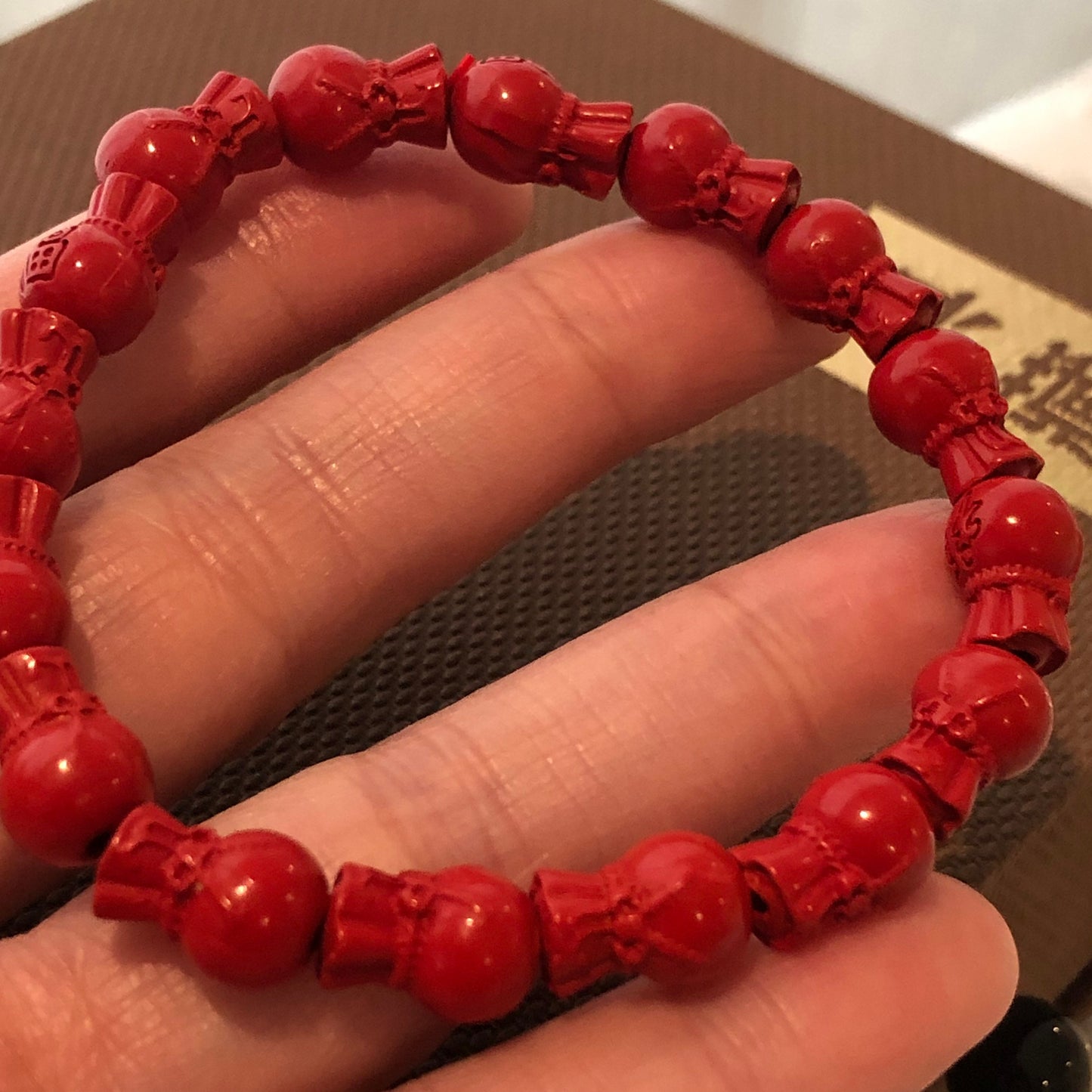 11.5x7.5 mm Cinnabar Carved Money Bag Bead Bracelet with Asian Fortune Character