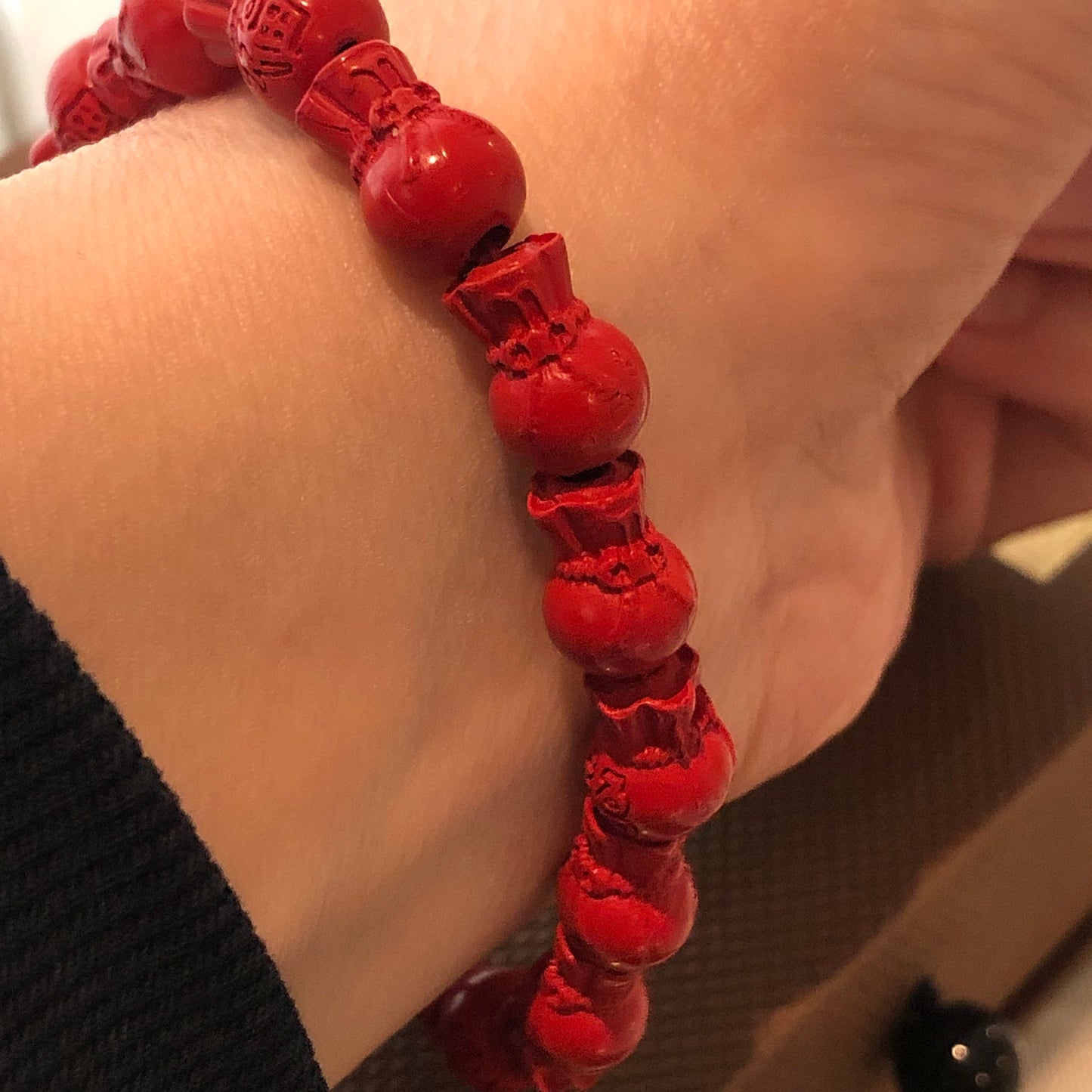 11.5x7.5 mm Cinnabar Carved Money Bag Bead Bracelet with Asian Fortune Character