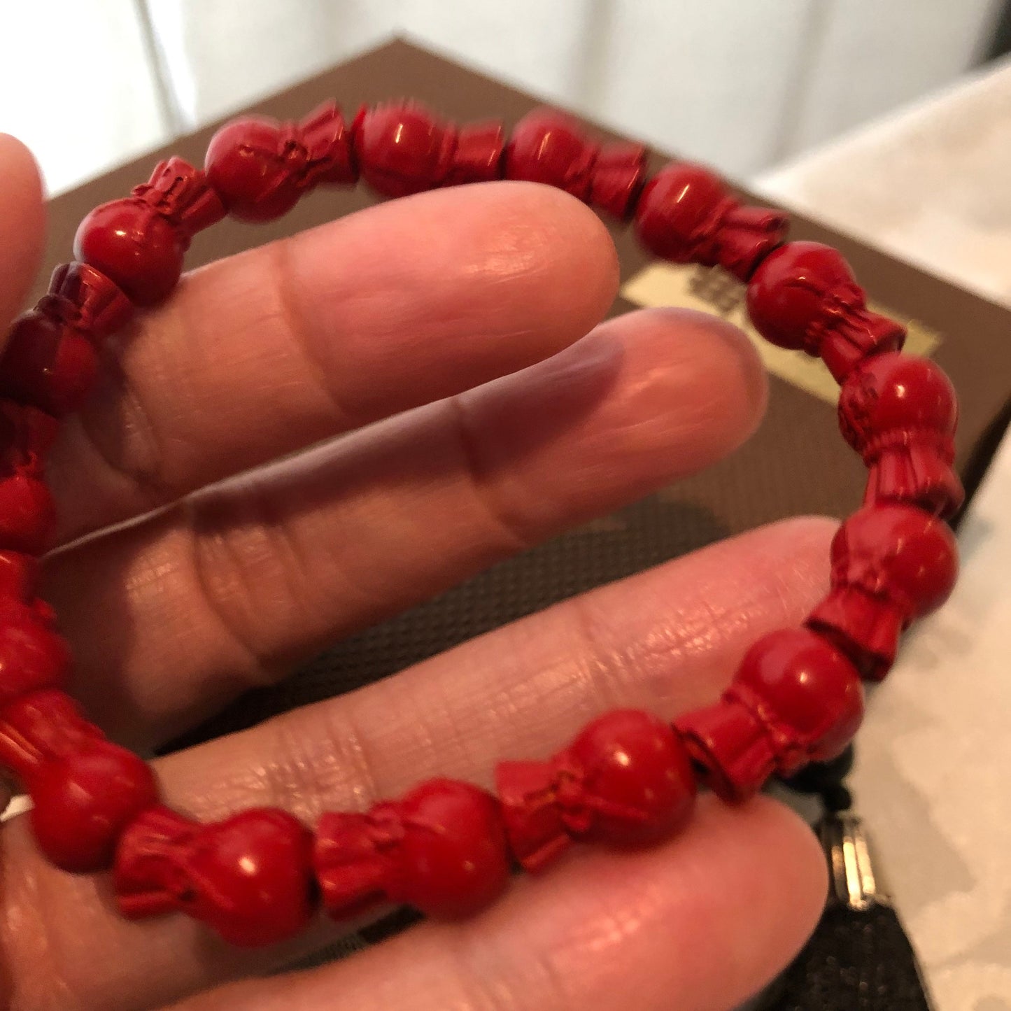 11.5x7.5 mm Cinnabar Carved Money Bag Bead Bracelet with Asian Fortune Character