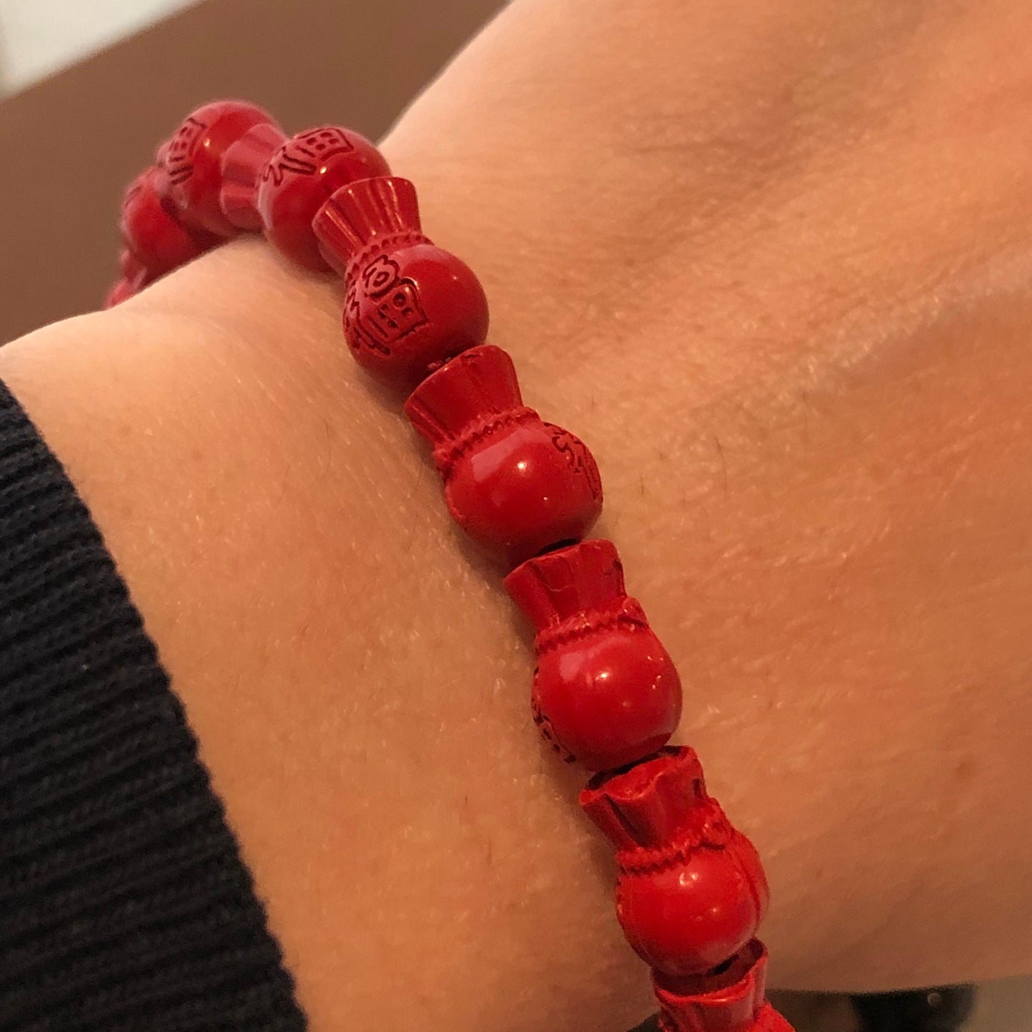 11.5x7.5 mm Cinnabar Carved Money Bag Bead Bracelet with Asian Fortune Character