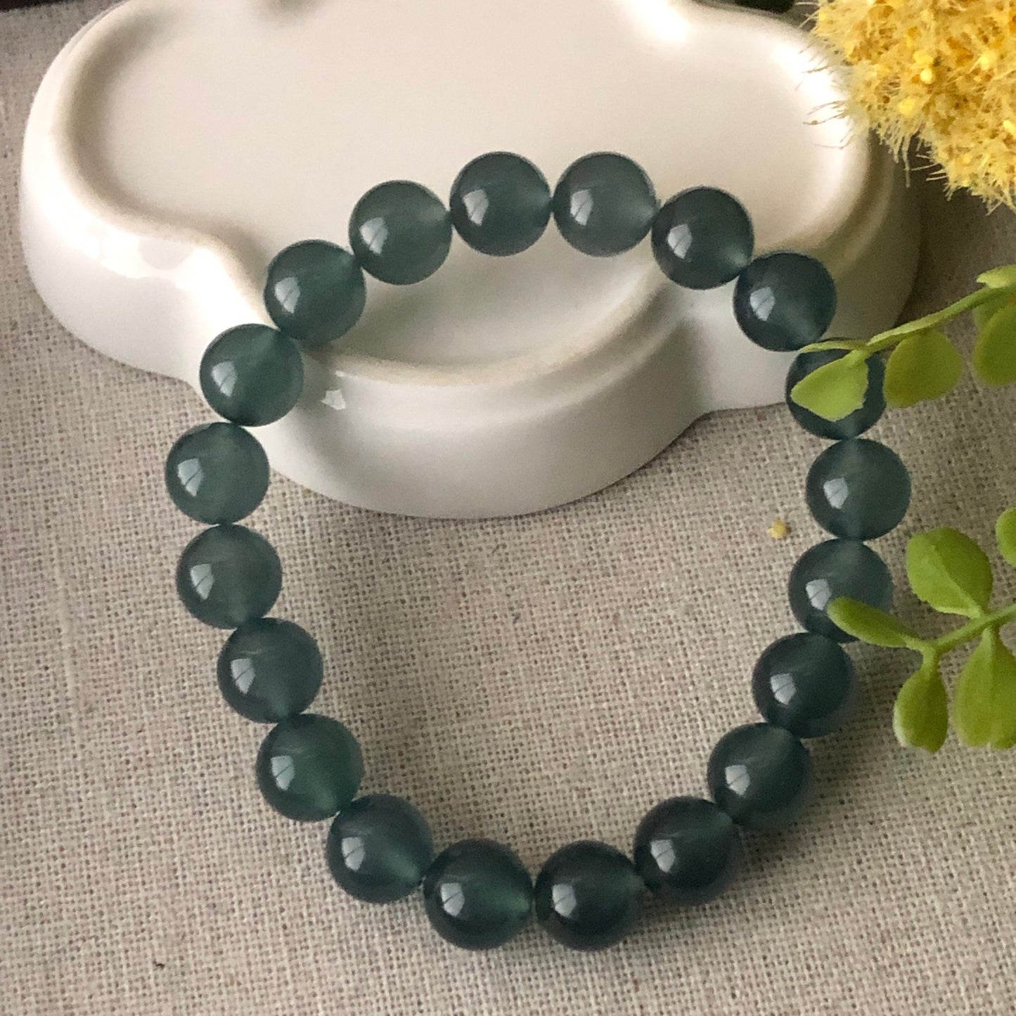 10mm High Icy Guatemalan Jade Greenish Blue Float Flowers Bead Bracelet