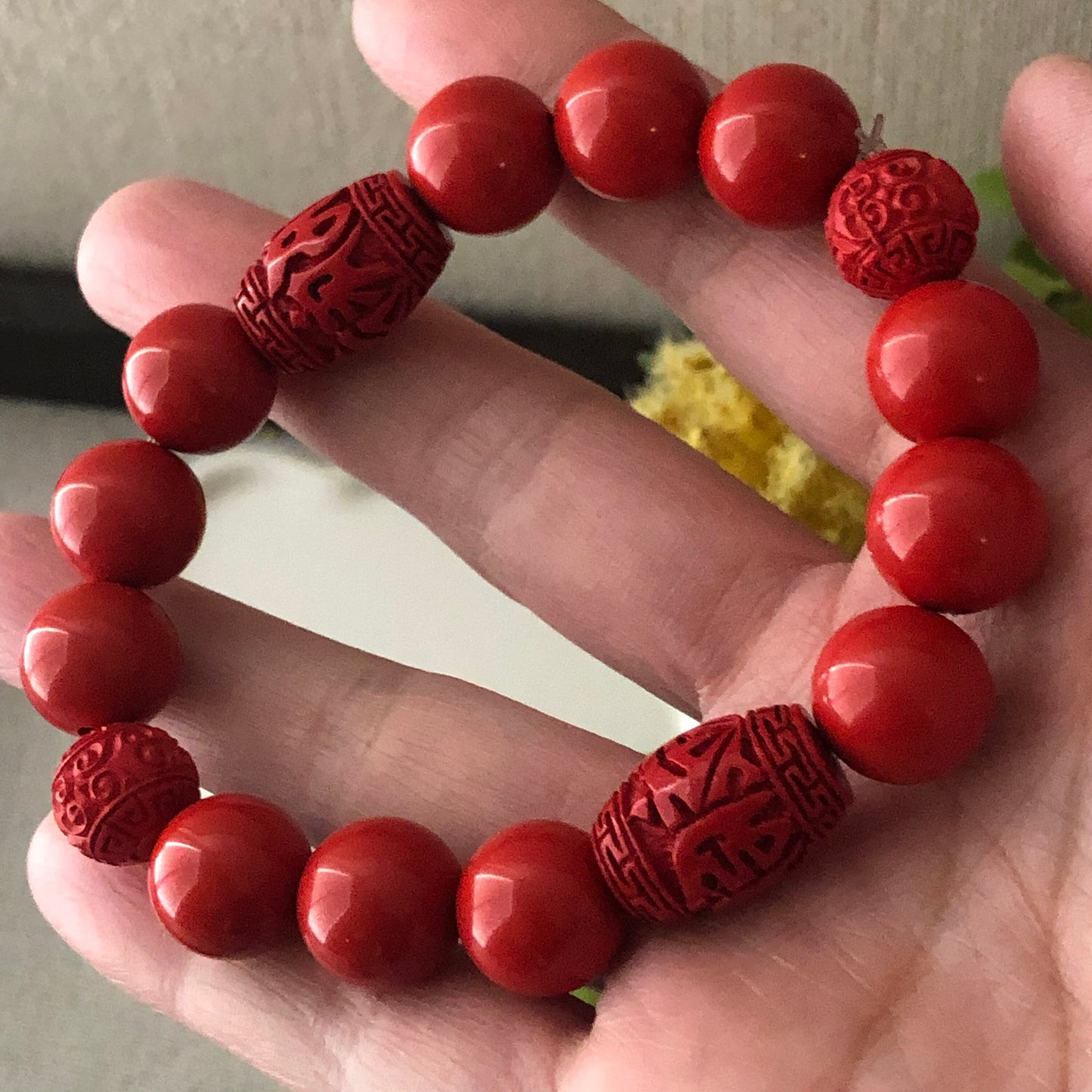 12 mm Cinnabar Round Shape Bead Bracelet with Carved Pattern