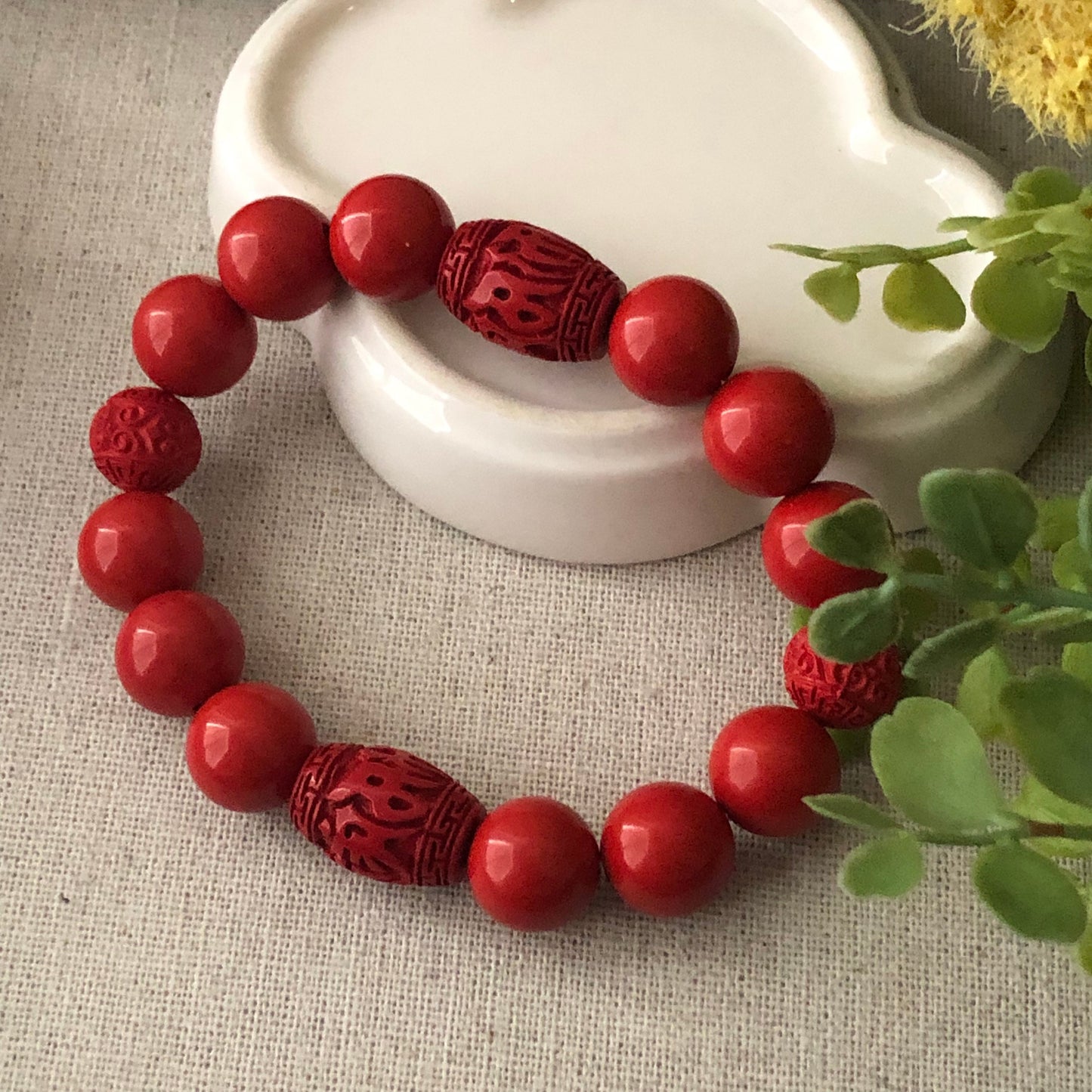 12 mm Cinnabar Round Shape Bead Bracelet with Carved Pattern