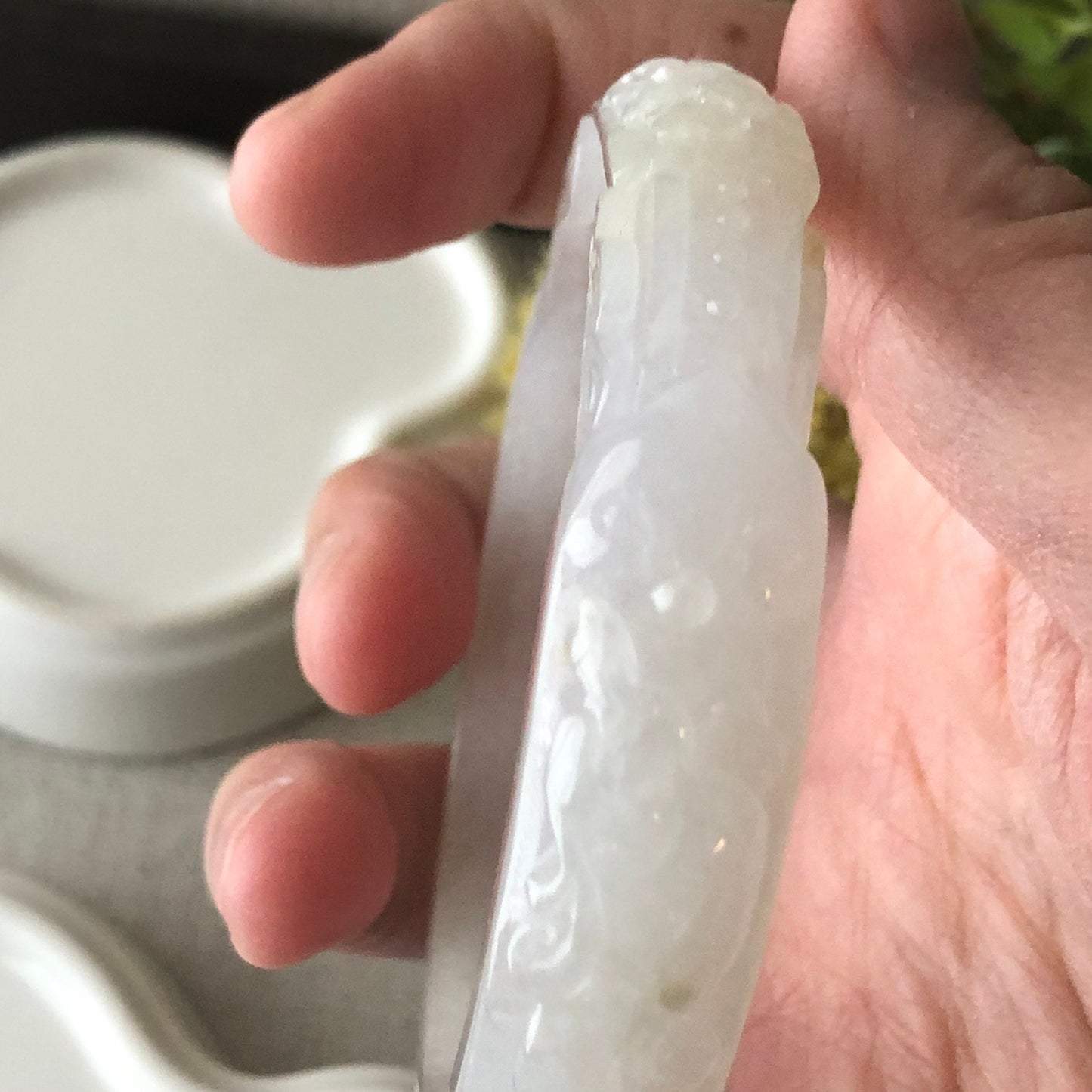 55mm Icy Glossy Carved Asian Ruyi Flowers Jadeite Jade Bangle