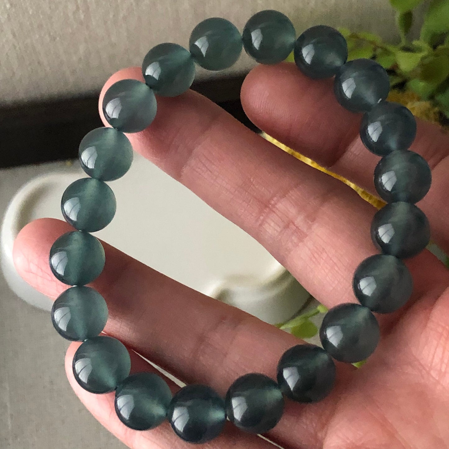 10mm High Icy Guatemalan Jade Greenish Blue Float Flowers Bead Bracelet