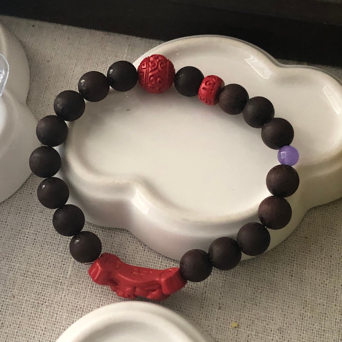 8.5 mm Cinnabar Carved Pixiu Ruyi Blessing Bead Bracelet