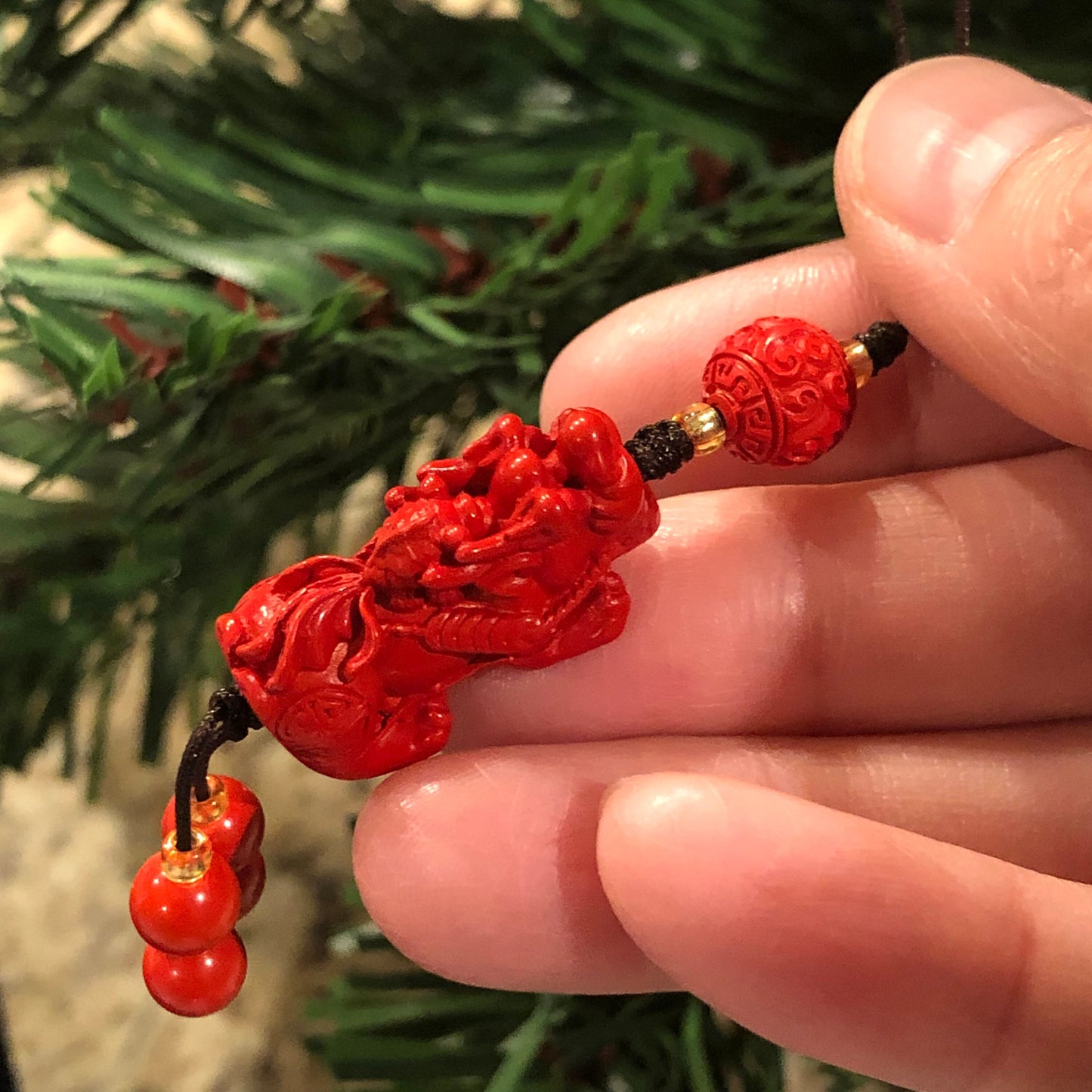 25 mm Cinnabar Carved Pixiu Carved Asian Character Key Charm