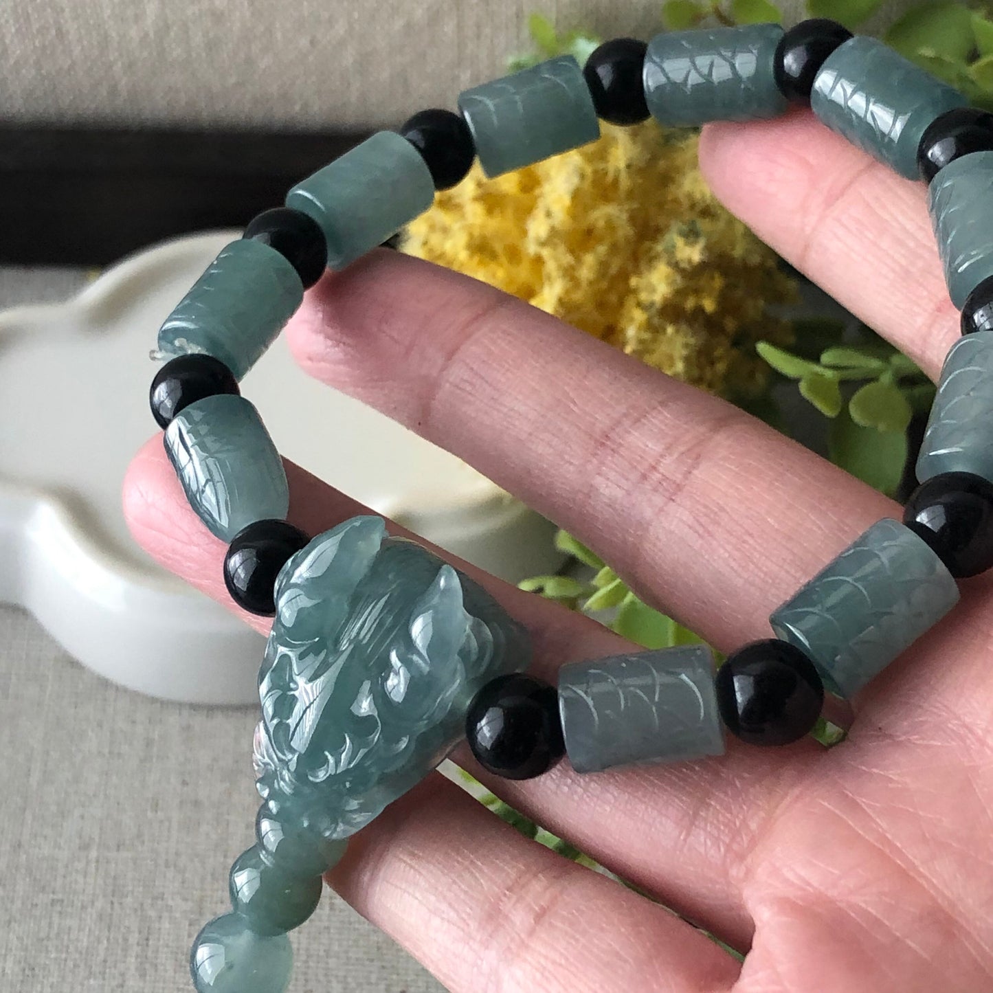 12x8mm High Icy Guatemalan Jade Greenish Blue Carved Dragon Scale Head Bead Bracelet