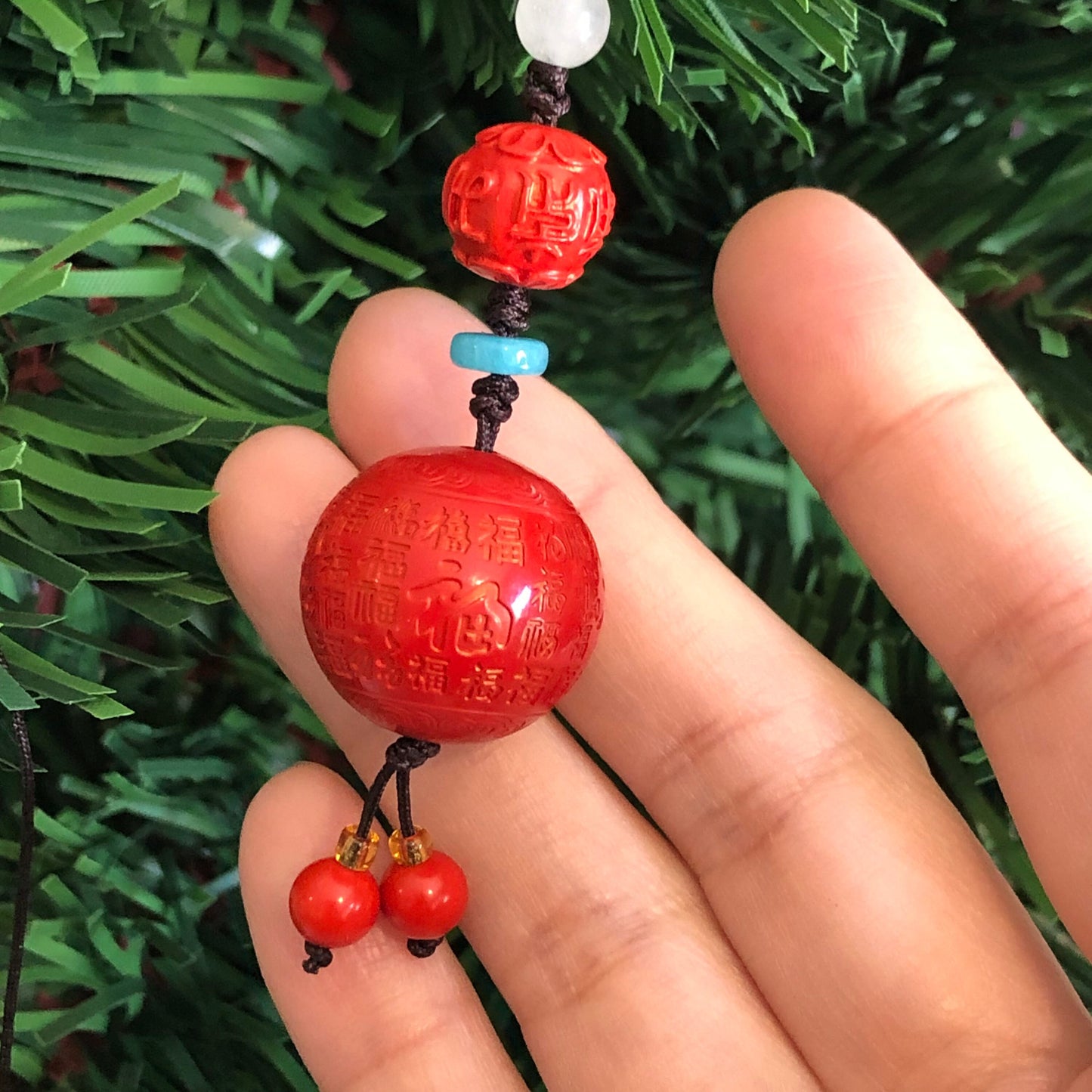 20 mm Cinnabar Carved Six Word Blessing Ball Key Charm Pendant