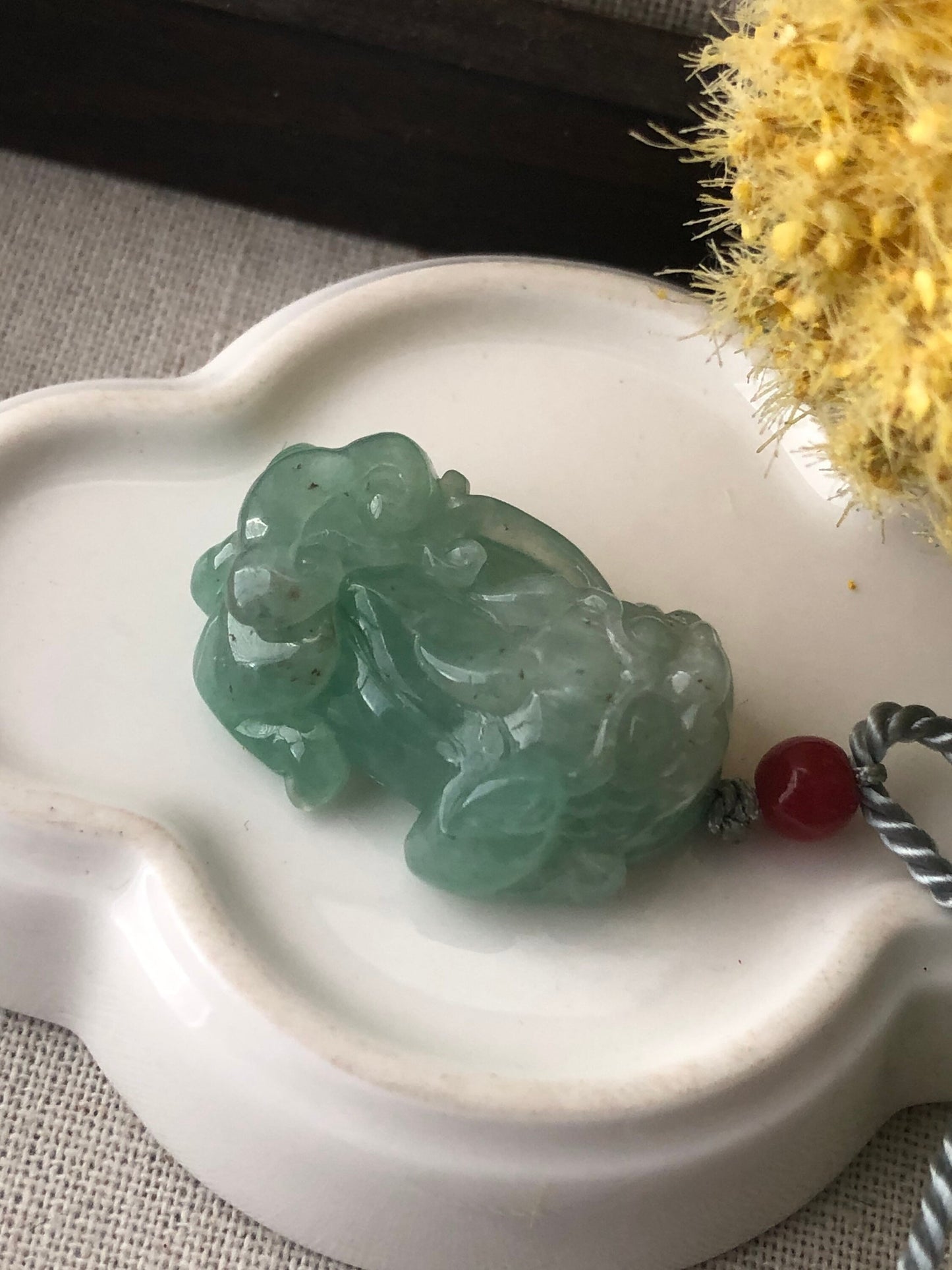 34.3mm Icy Green Jadeite Jade Carved Pixiu Pendant