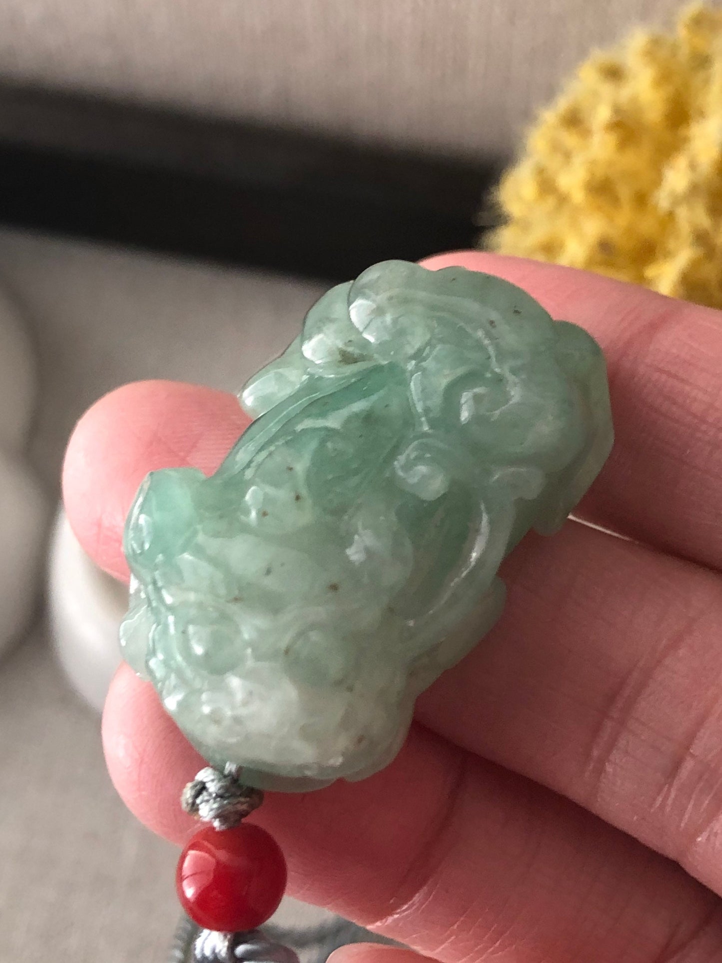 34.3mm Icy Green Jadeite Jade Carved Pixiu Pendant