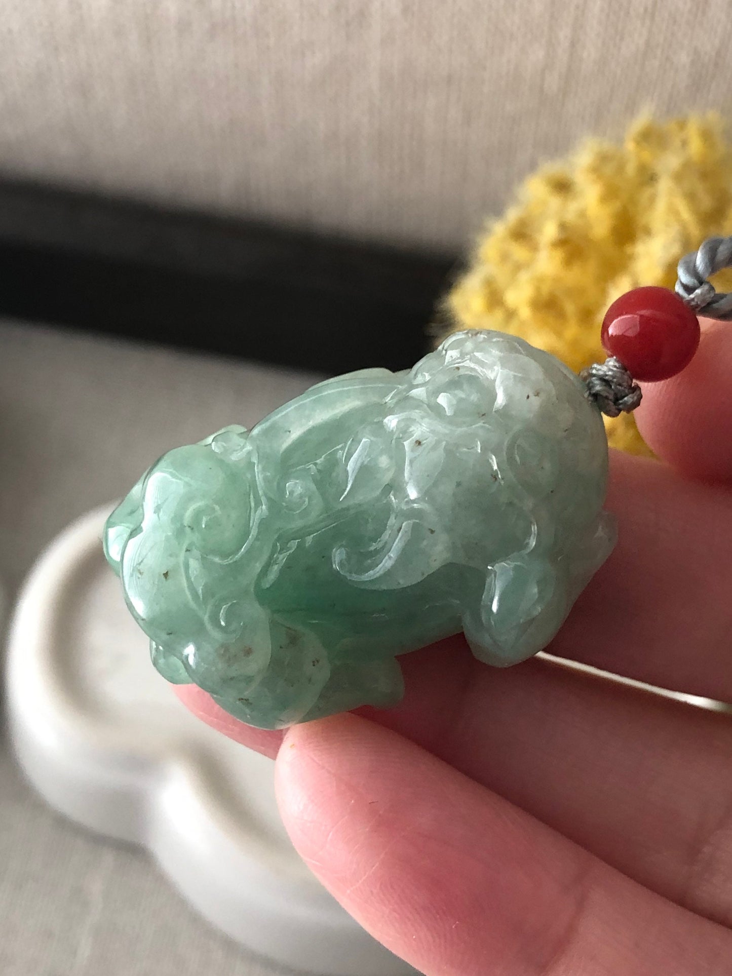 34.3mm Icy Green Jadeite Jade Carved Pixiu Pendant