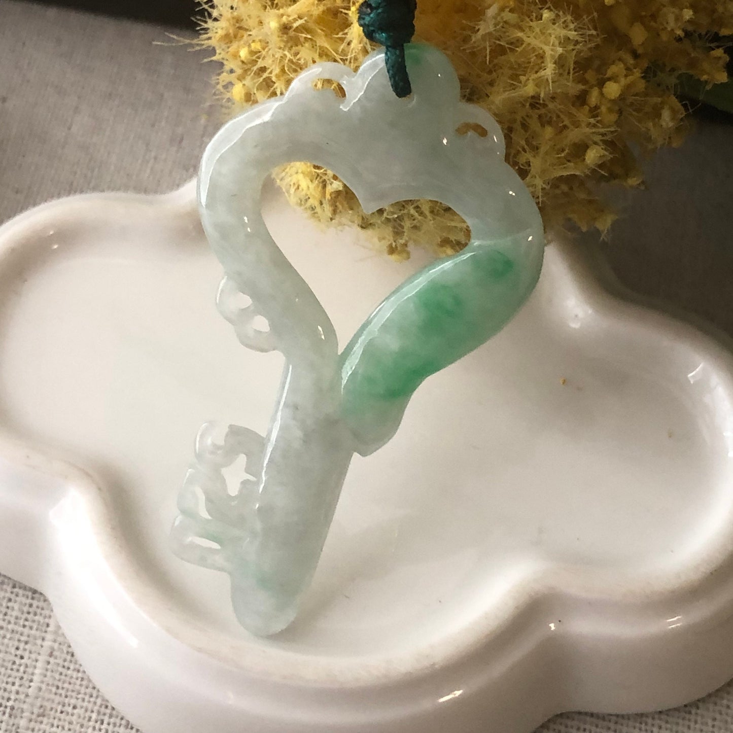 56mm Greenish Jadeite Jade Carved Key to my Heart Pendant Charm Keyring
