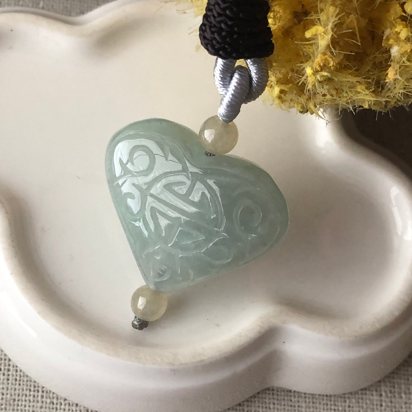 22mm Icy Greenish Jadeite Jade Carved Heart Pendant Keychain Neck Rope Tie