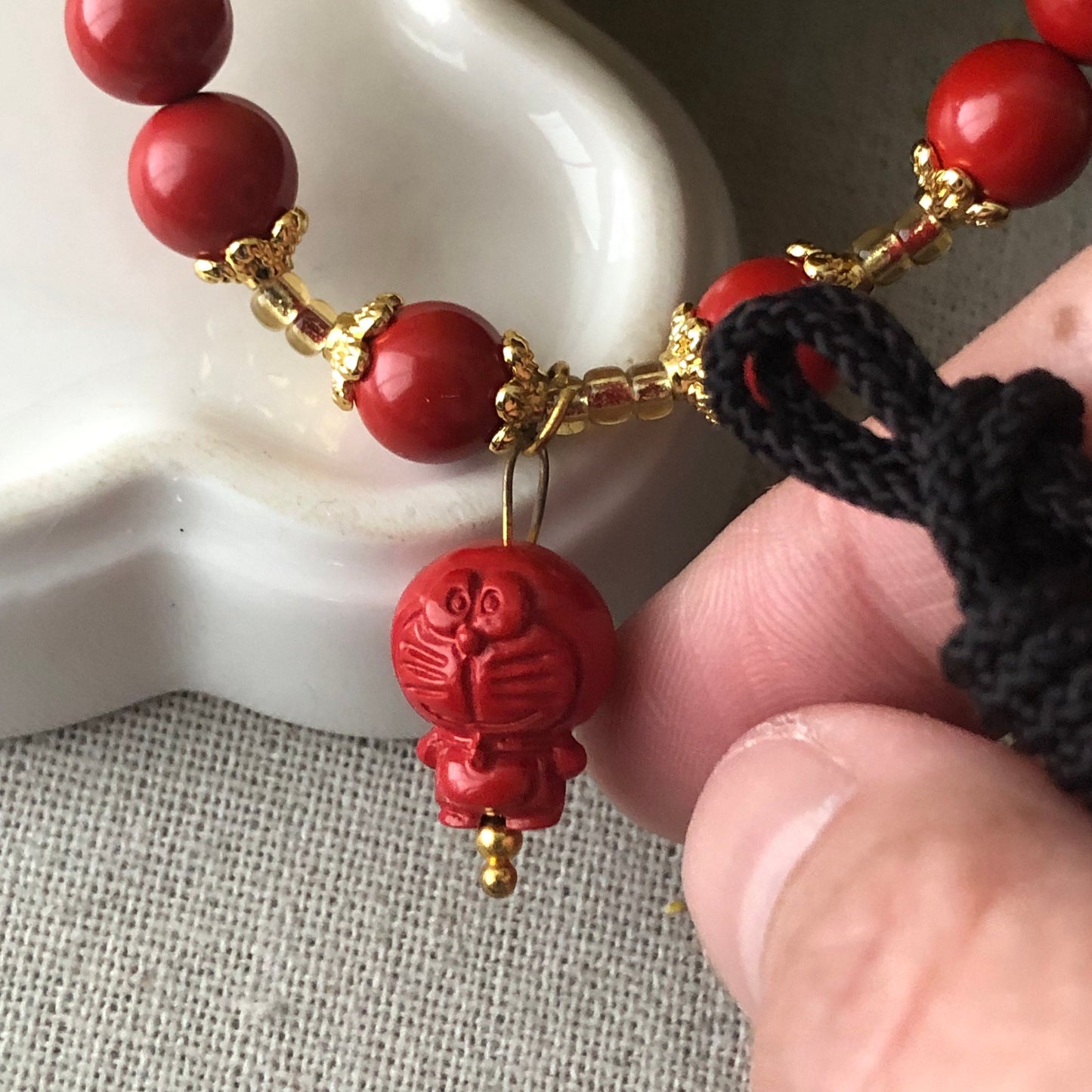 8mm Cinnabar Bead Bracelet with Carved Doraemon Charm