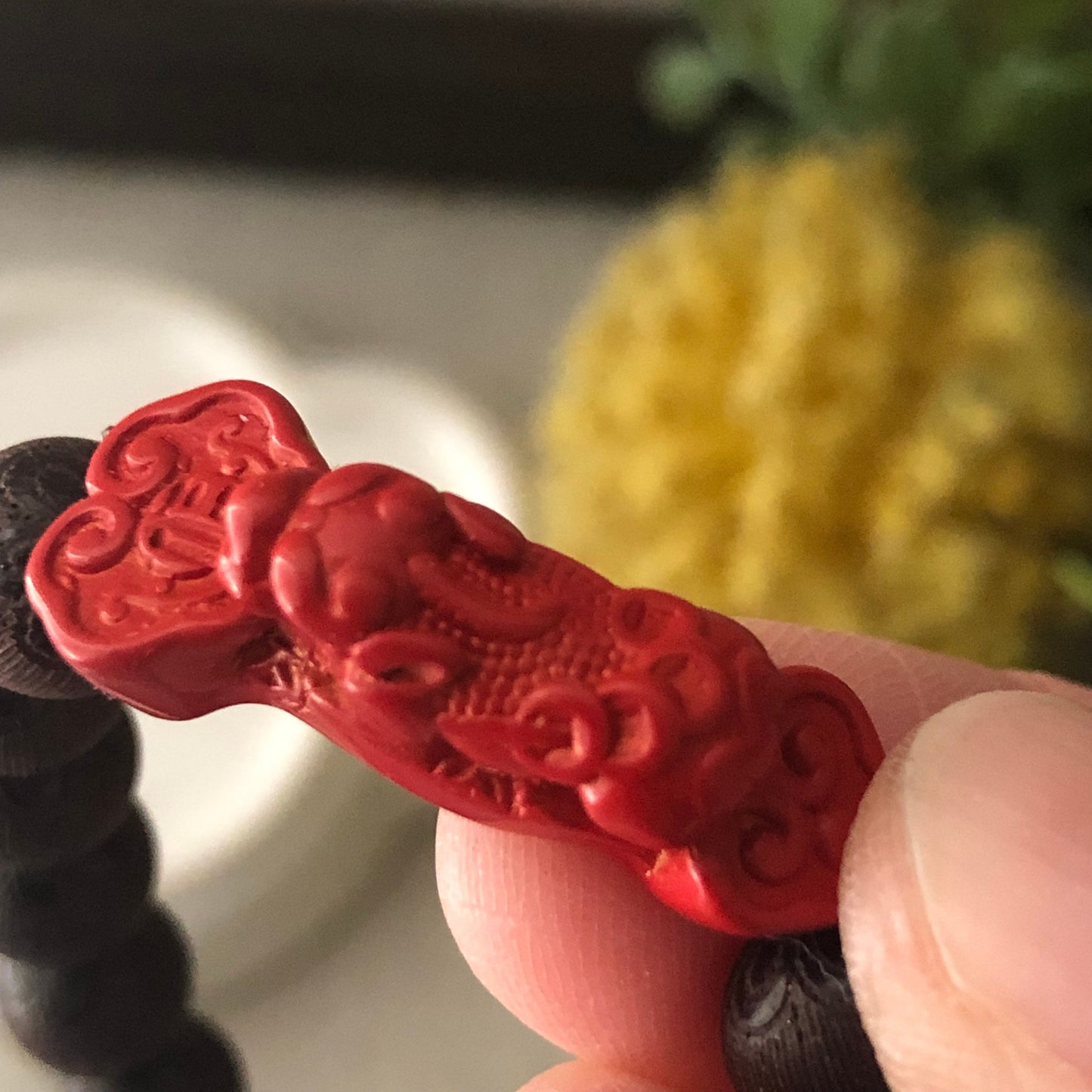 8.5 mm Cinnabar Carved Pixiu Ruyi Blessing Bead Bracelet