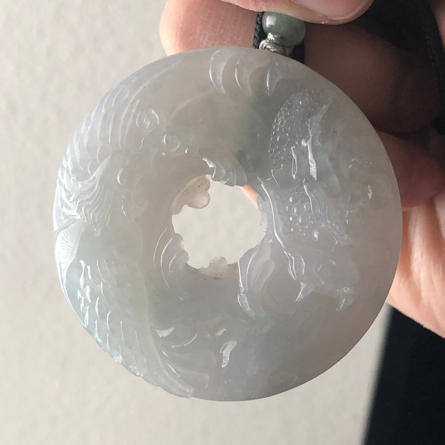 53mm Jade Jadeite Icy Light Green Glossy Carved Dragon Pendant