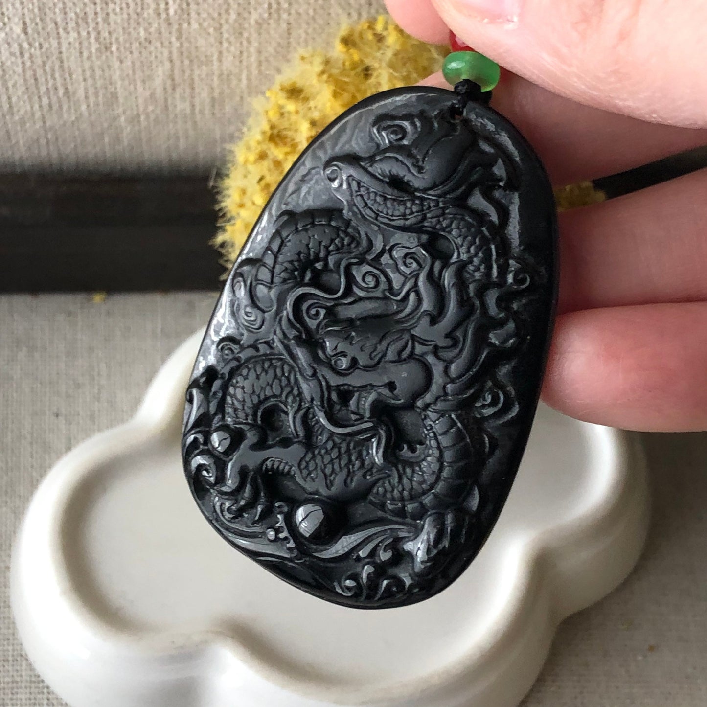 54mm Black Omphacite Jadeite Jade Carved Dragon Pendant